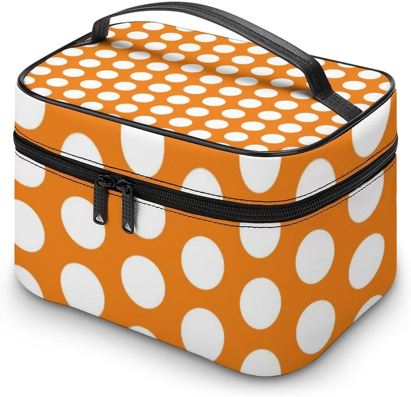 Portable Makeup Bag Travel Cosmetic Case, Bright Orange White Polka Dot Zipper Pouch Cosmetic Bag with Handle Toiletry Bag for Women Girls