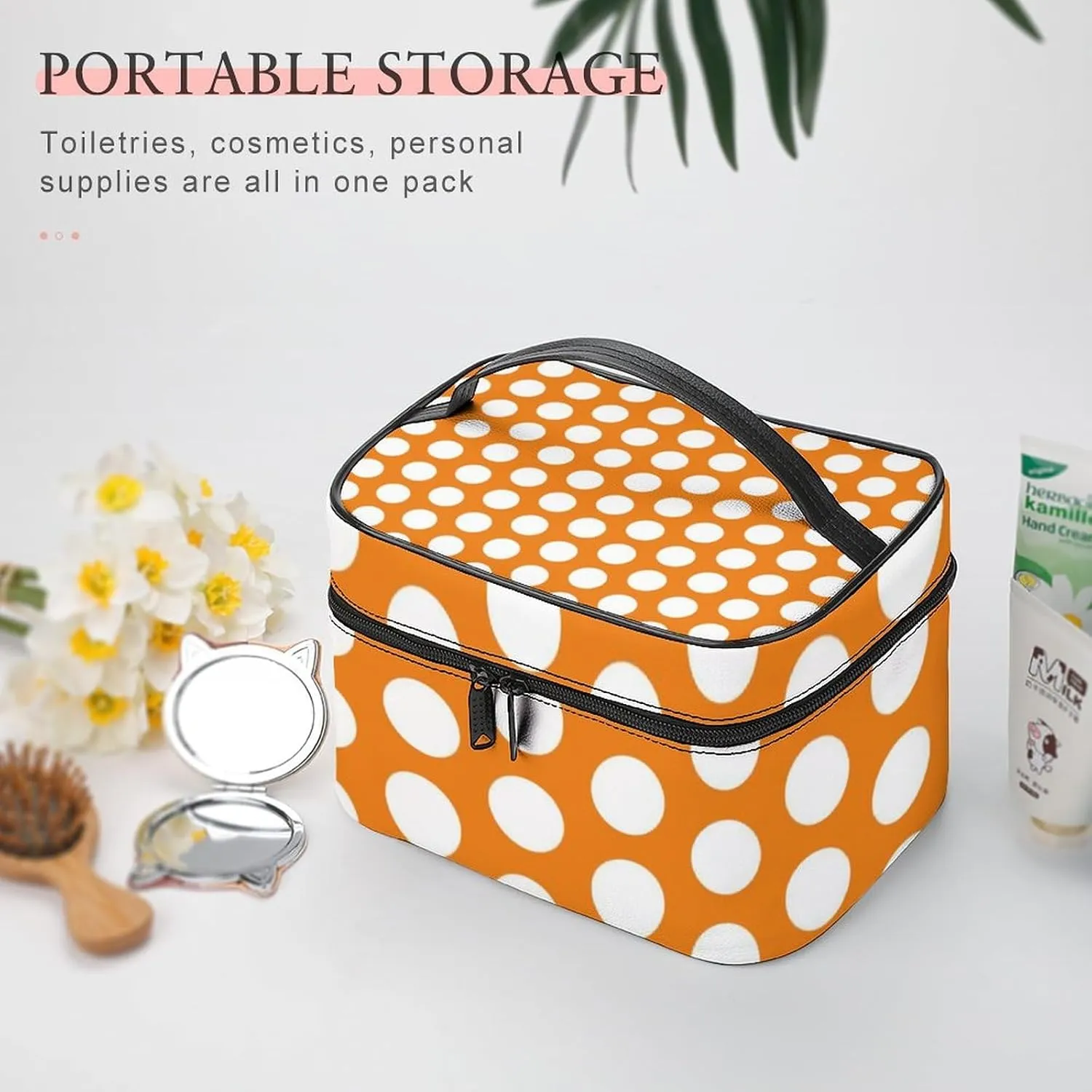 Portable Makeup Bag Travel Cosmetic Case, Bright Orange White Polka Dot Zipper Pouch Cosmetic Bag with Handle Toiletry Bag for Women Girls