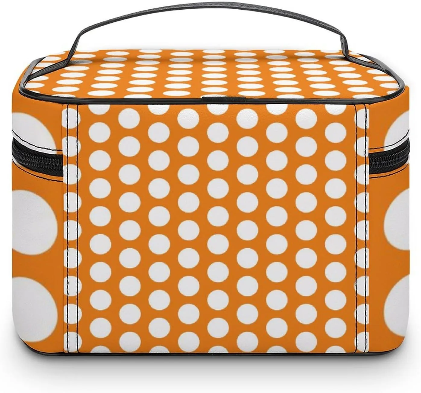 Portable Makeup Bag Travel Cosmetic Case, Bright Orange White Polka Dot Zipper Pouch Cosmetic Bag with Handle Toiletry Bag for Women Girls