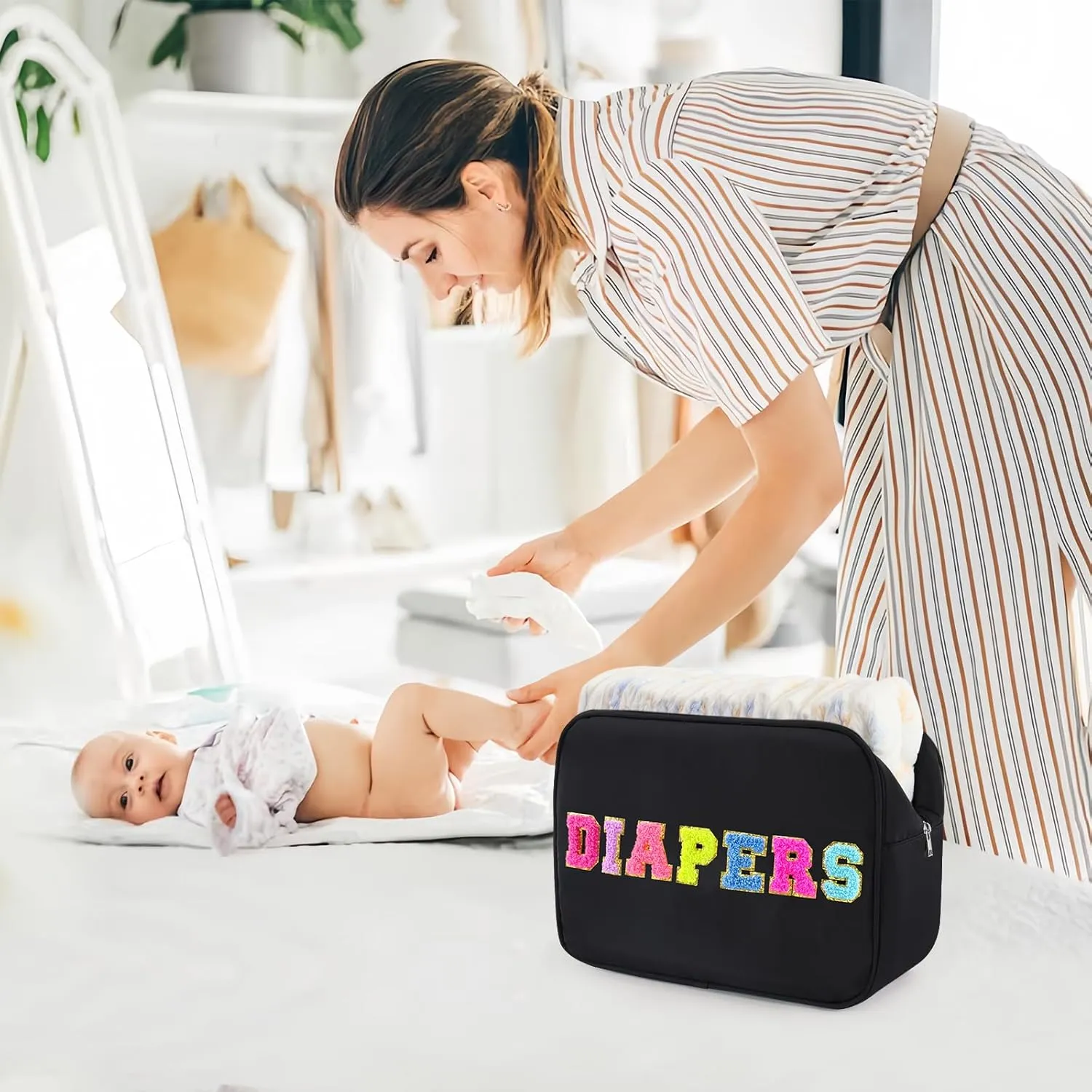 Portable Small Diaper Bag, Chenille Letter Diaper Caddy Organizer Pouch Newborn Baby Essentials Must Haves for Nursery Changing Table, Black Waterproof Diaper Pail Baby Shower Gifts for Mom To Be