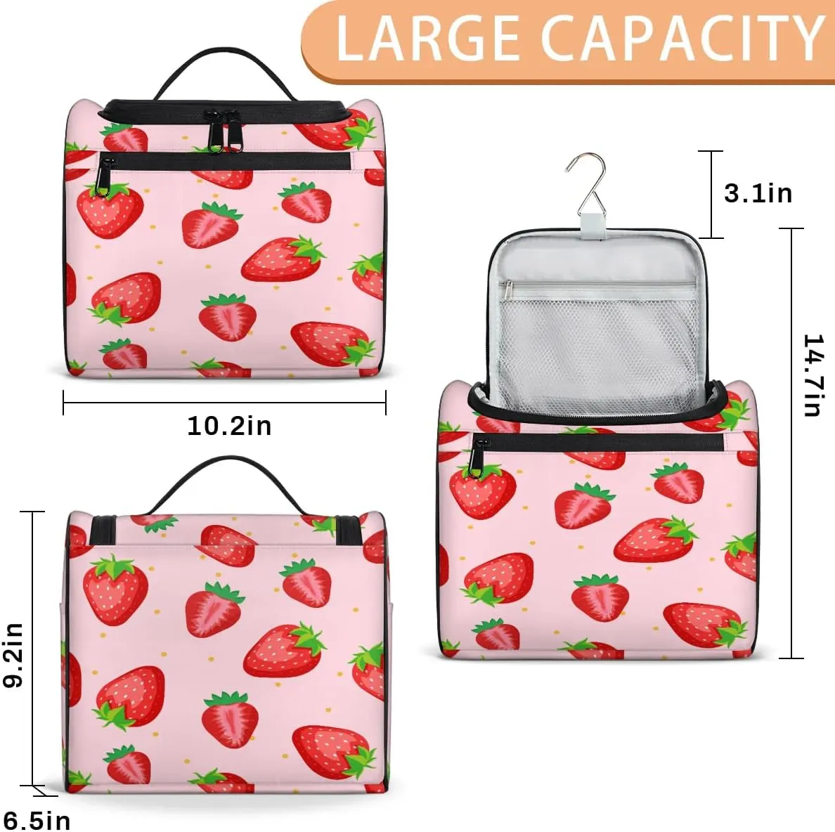 Portable Toiletry Cosmetic Travel Bag - Large Water Resistant Hanging Makeup Organizer Storage Pouch Case for Women Girls, Brush & Accessories Storage (Strawberry)