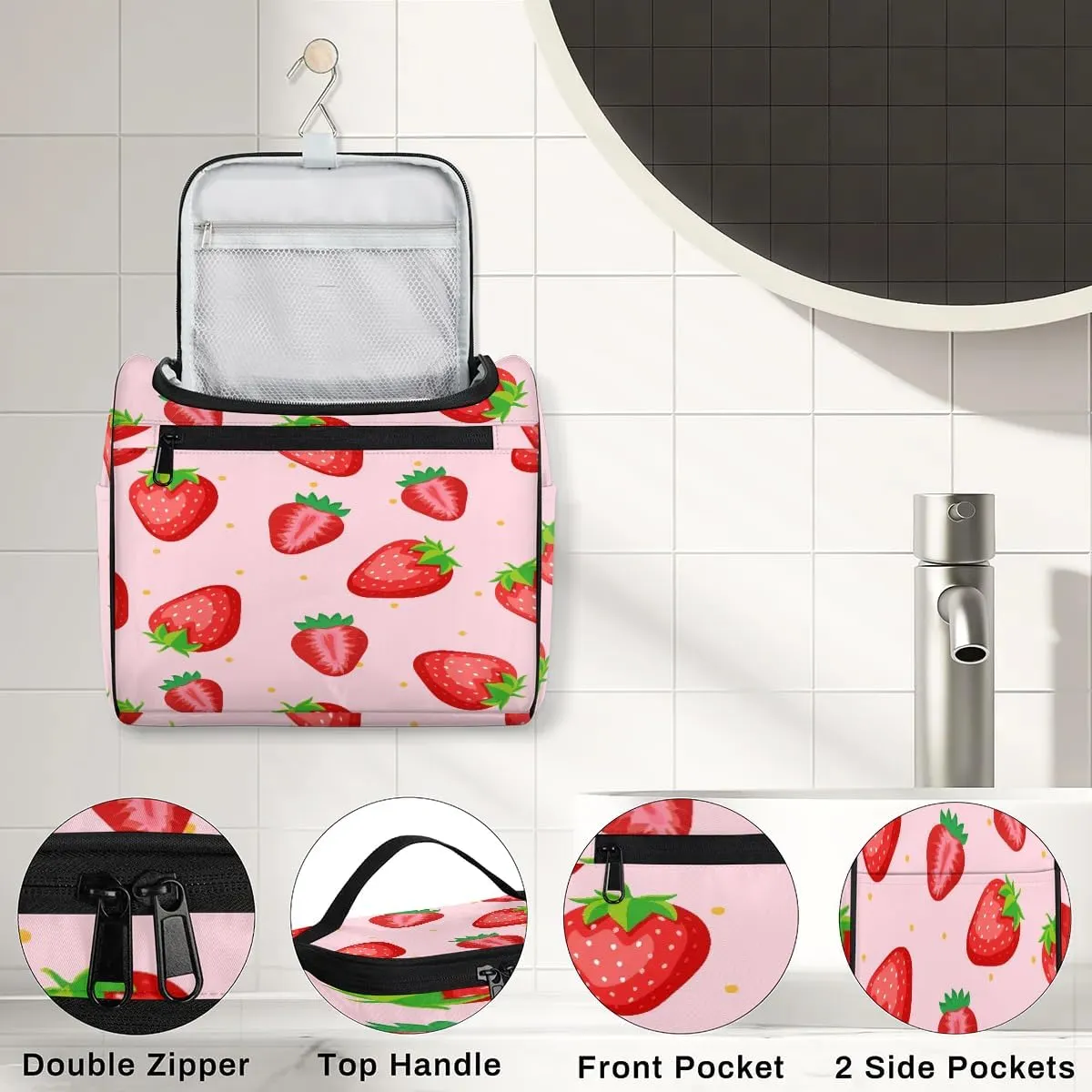 Portable Toiletry Cosmetic Travel Bag - Large Water Resistant Hanging Makeup Organizer Storage Pouch Case for Women Girls, Brush & Accessories Storage (Strawberry)