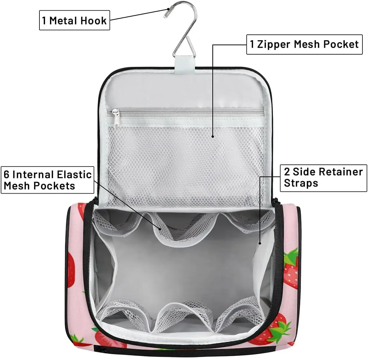 Portable Toiletry Cosmetic Travel Bag - Large Water Resistant Hanging Makeup Organizer Storage Pouch Case for Women Girls, Brush & Accessories Storage (Strawberry)