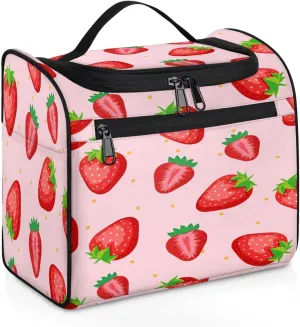 Portable Toiletry Cosmetic Travel Bag - Large Water Resistant Hanging Makeup Organizer Storage Pouch Case for Women Girls, Brush & Accessories Storage (Strawberry)