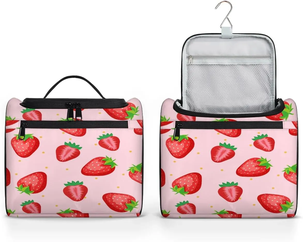 Portable Toiletry Cosmetic Travel Bag - Large Water Resistant Hanging Makeup Organizer Storage Pouch Case for Women Girls, Brush & Accessories Storage (Strawberry)