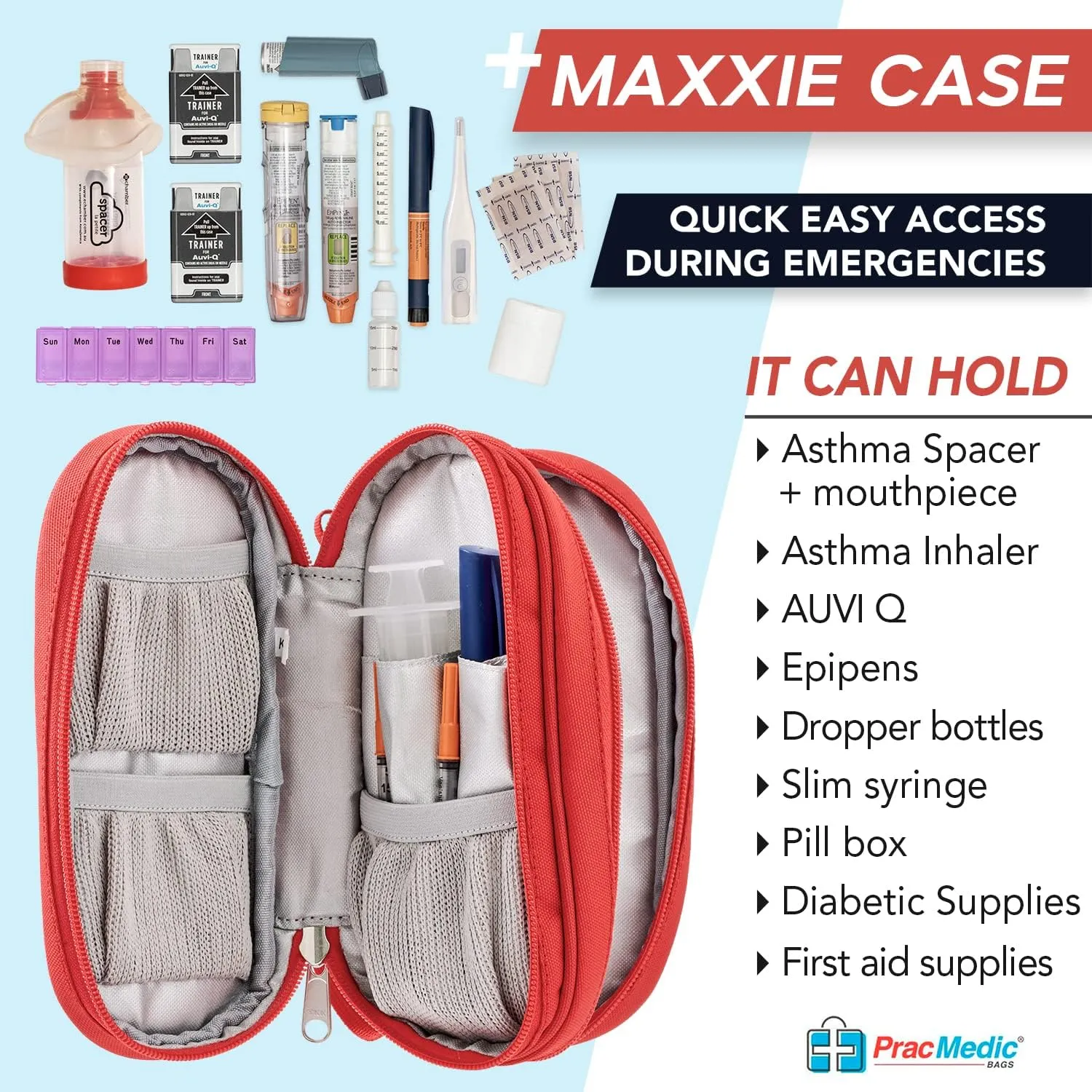 PracMedic Bags Epipen Carry Case- Medicine Bag- 2 Tier Insulin Cooler Travel Case to hold Diabetic Supply, Asthma Inhaler Spacer, Epi Pen, Auvi Q, Diabetes Medication- First Aid Bags Empty (Red)