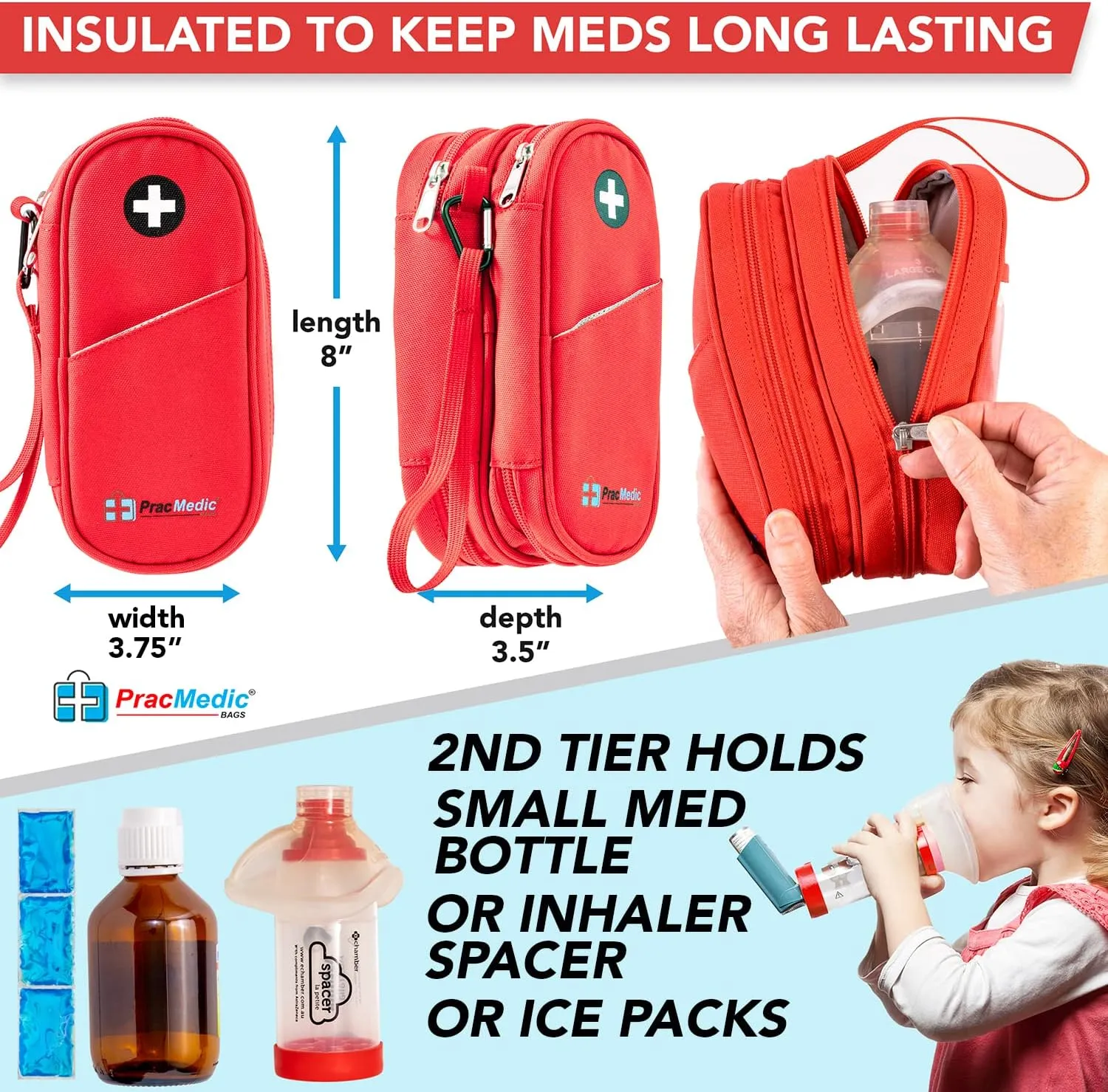 PracMedic Bags Epipen Carry Case- Medicine Bag- 2 Tier Insulin Cooler Travel Case to hold Diabetic Supply, Asthma Inhaler Spacer, Epi Pen, Auvi Q, Diabetes Medication- First Aid Bags Empty (Red)