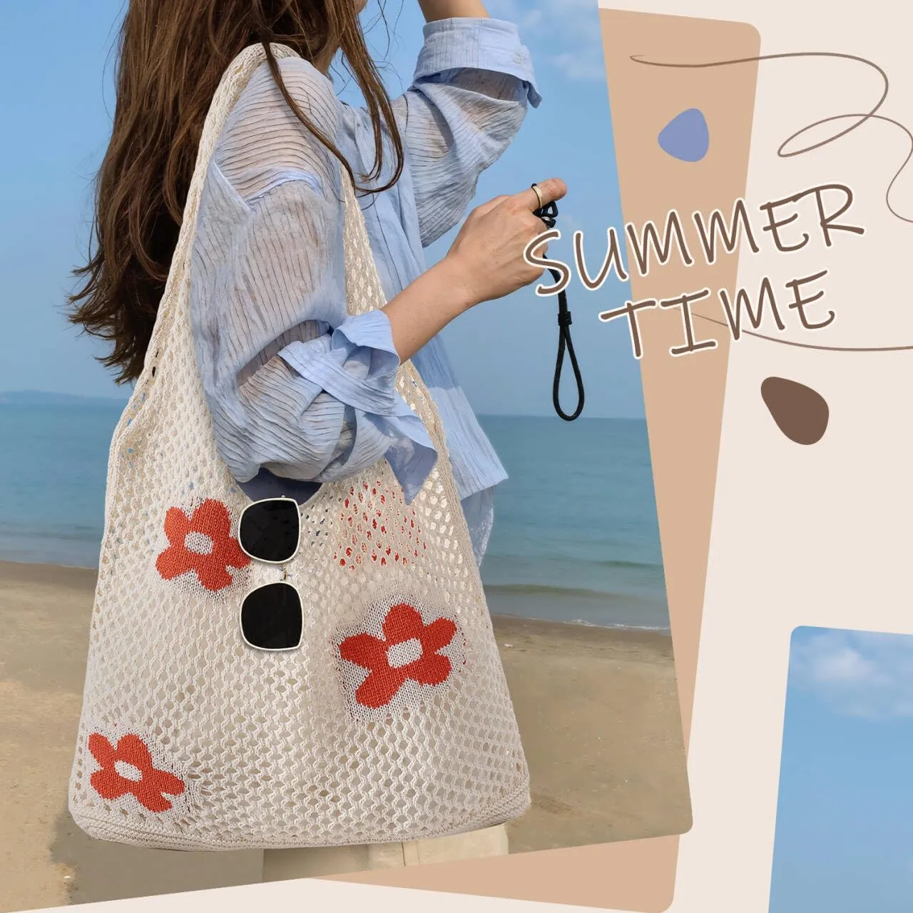 Premillow Crochet Beach Tote Bags, Stylish Mesh Beach Bags Shoulder Bag for Women, Cute Summer Vacation Boho Tote Bag