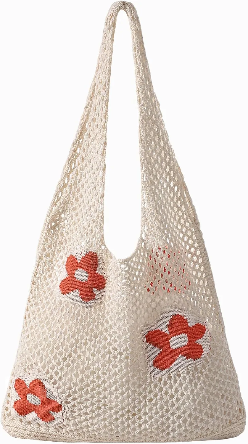 Premillow Crochet Beach Tote Bags, Stylish Mesh Beach Bags Shoulder Bag for Women, Cute Summer Vacation Boho Tote Bag