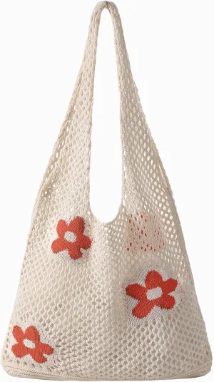 Premillow Crochet Beach Tote Bags, Stylish Mesh Beach Bags Shoulder Bag for Women, Cute Summer Vacation Boho Tote Bag