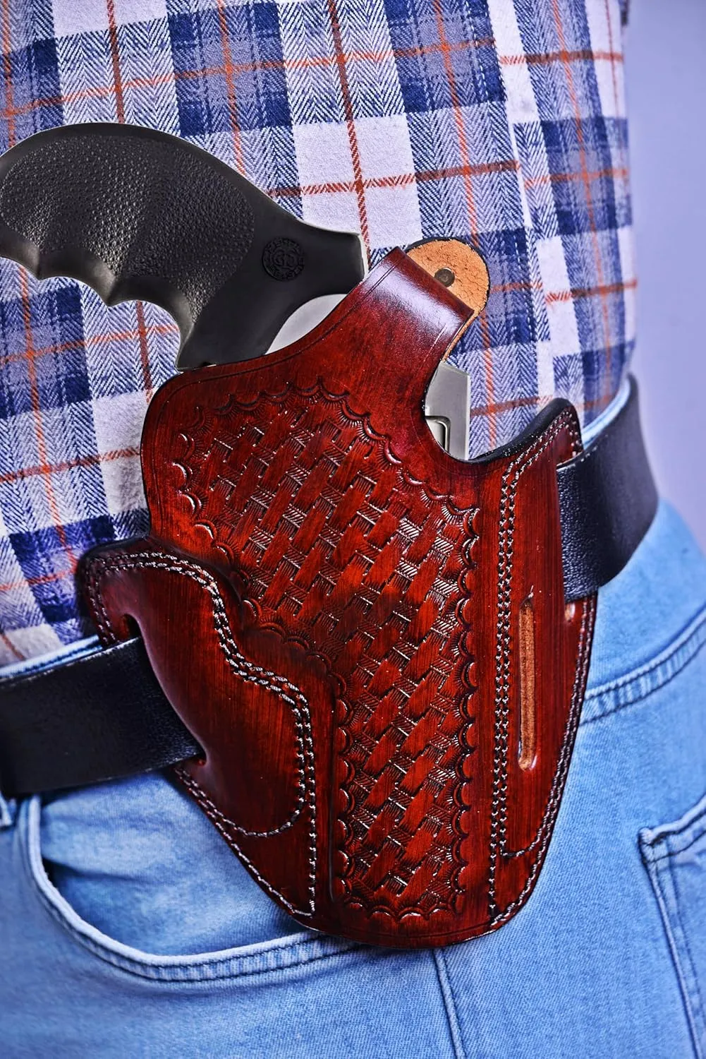 Premium Leather Belt Holster fits Colt King Cobra or Colt Python, Handcrafted, 3 Slot Pancake, Right Handed, Basket Weave Handcrafted, PulsarHolster