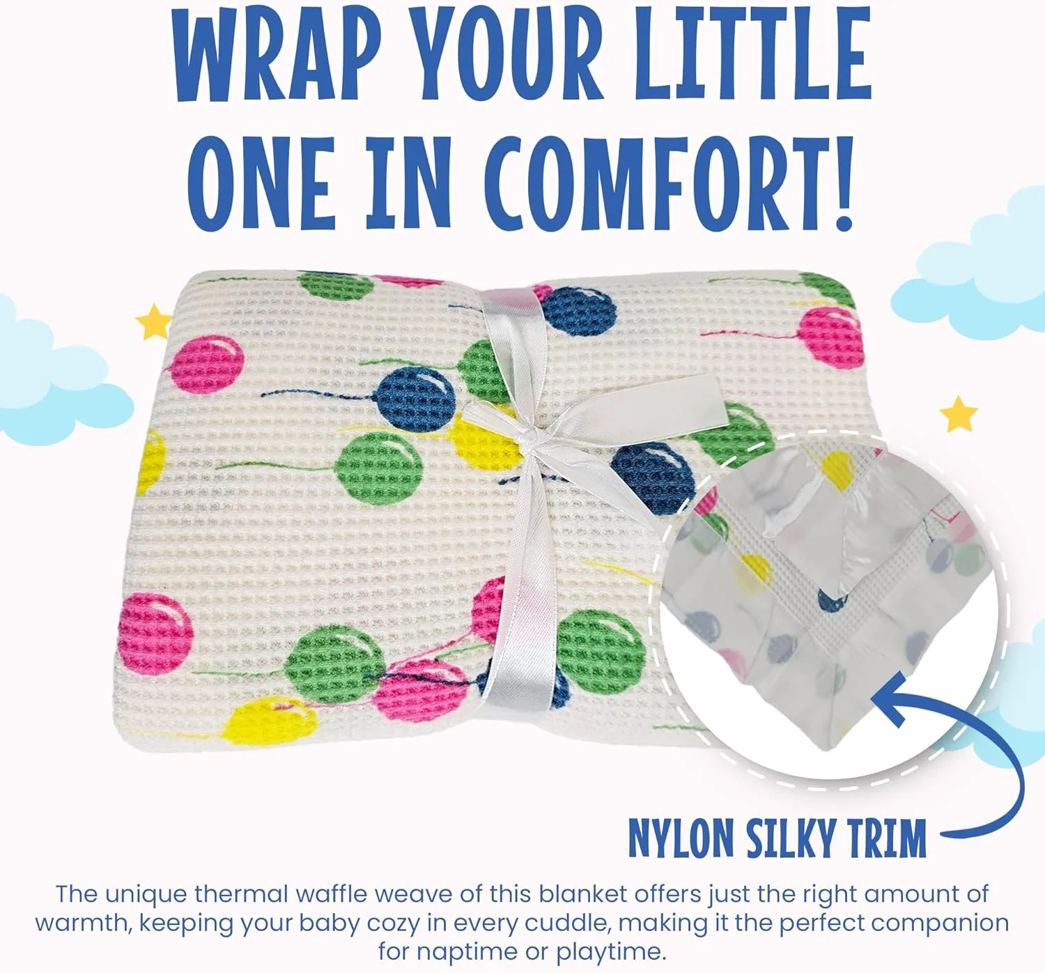 Premium Thermal Waffle Baby Blanket - Small Blanket for Newborns & Infants - Soft Mini Comfort Blankie - Ideal for Strollers, Travel & Cuddling - Balloon Multi, Nylon Trim (18" x 20")