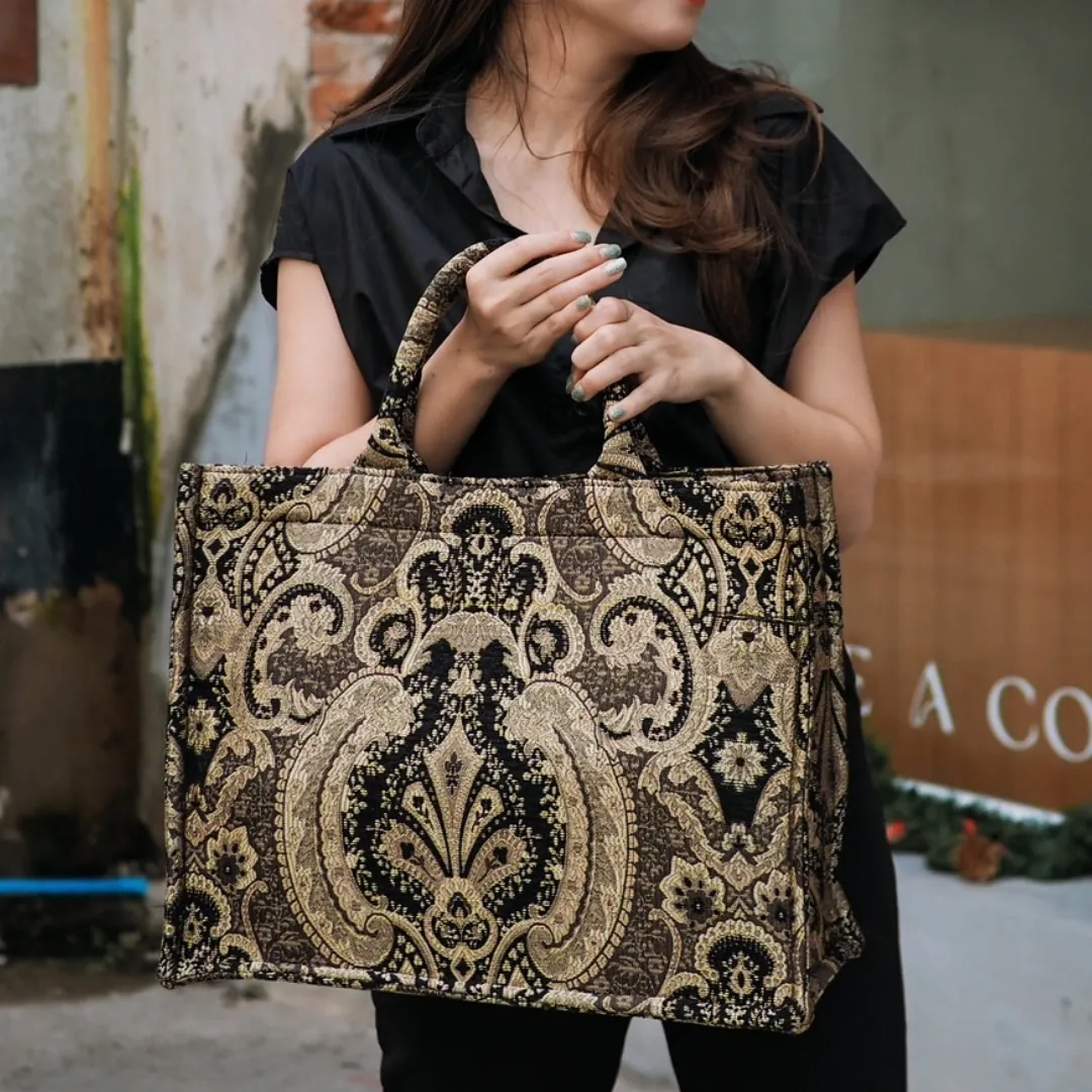 Premium Woven Tapestry Jacquard in Bold Gold and Black Pattern - Large Tote Bag