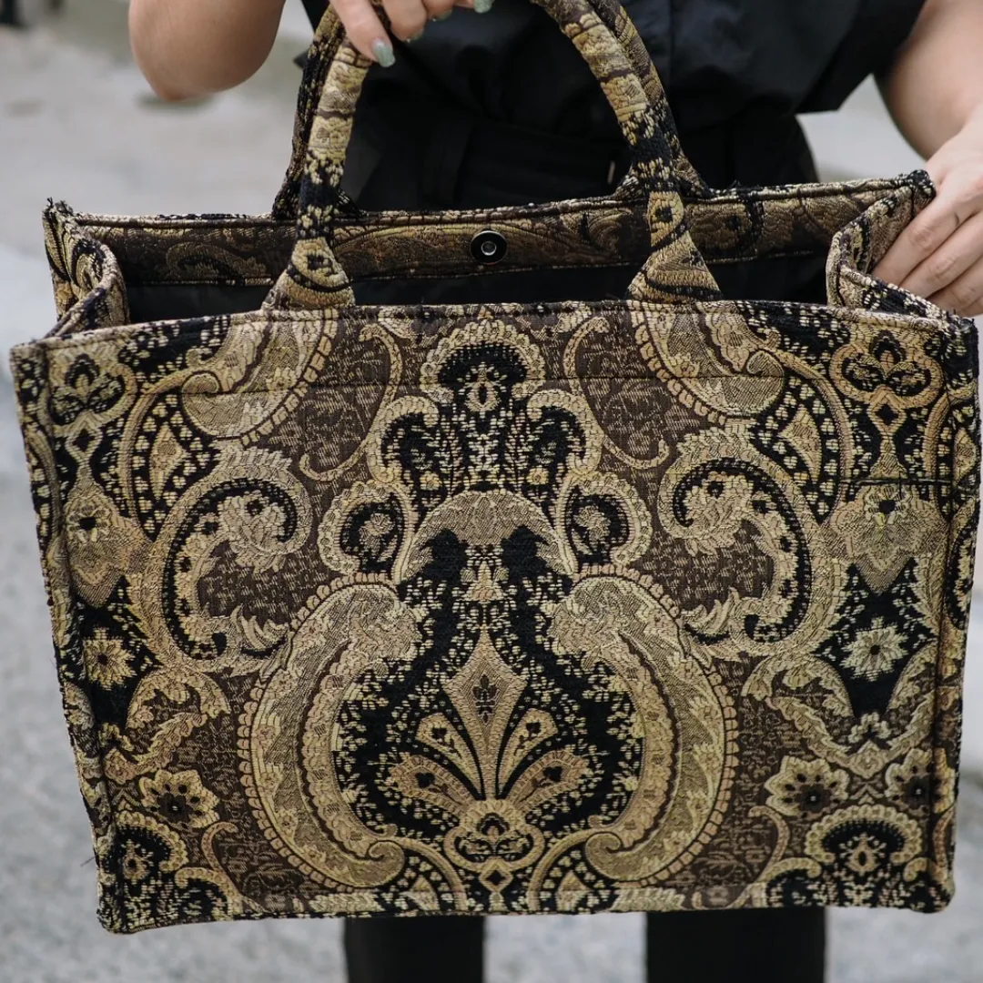 Premium Woven Tapestry Jacquard in Bold Gold and Black Pattern - Large Tote Bag