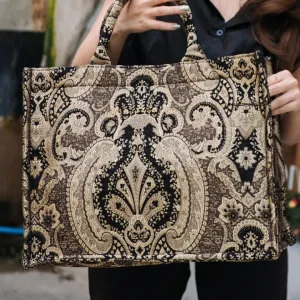 Premium Woven Tapestry Jacquard in Bold Gold and Black Pattern - Large Tote Bag