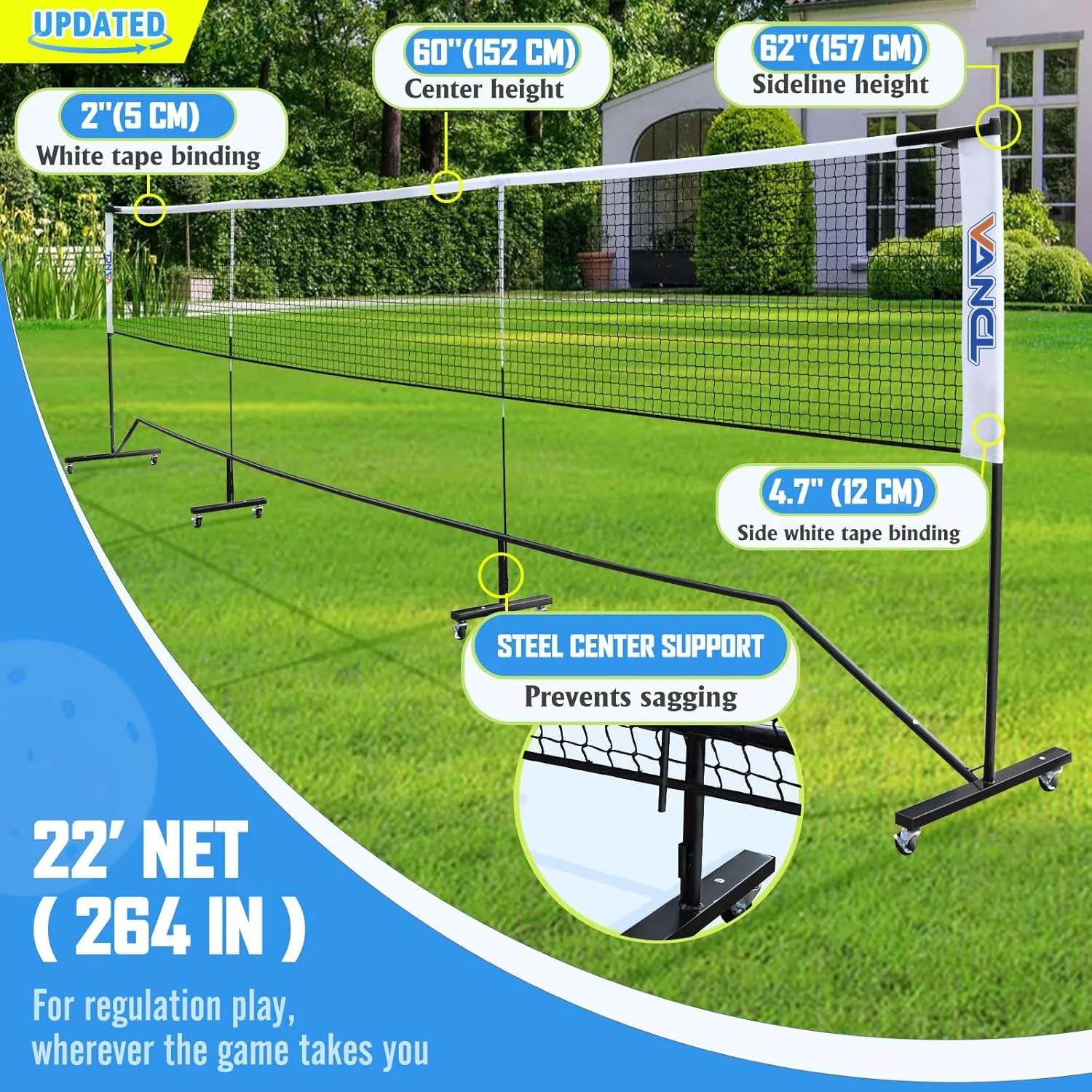 Pro Pickleball Net Portable with Wheels – 22ft Heavy Duty Pickleball Net System with Sturdy Aluminum Frame for Outdoor & Indoor – Nylon Net & Carrying Bag for Pickleball, Tennis, Badminton