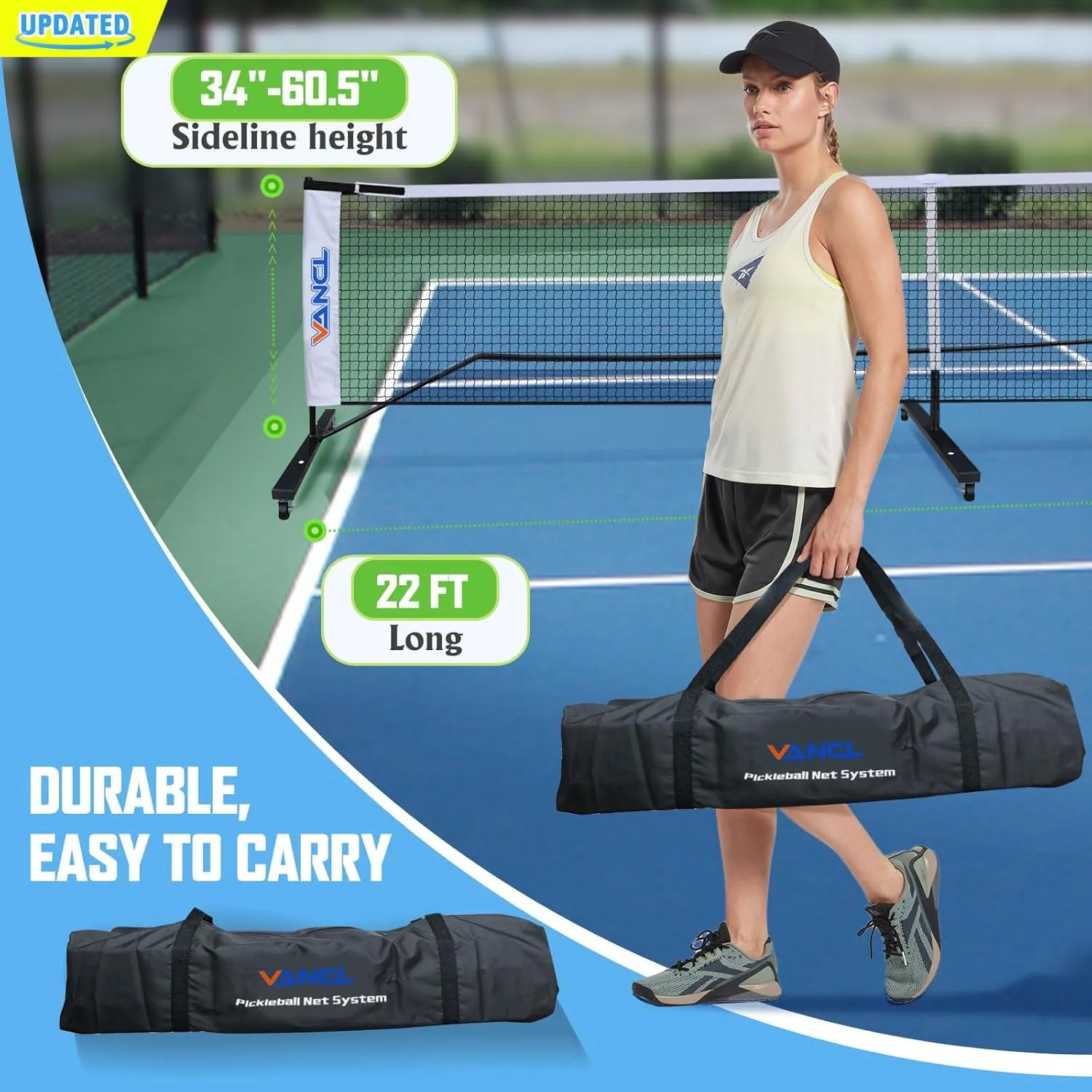 Pro Pickleball Net Portable with Wheels – 22ft Heavy Duty Pickleball Net System with Sturdy Aluminum Frame for Outdoor & Indoor – Nylon Net & Carrying Bag for Pickleball, Tennis, Badminton