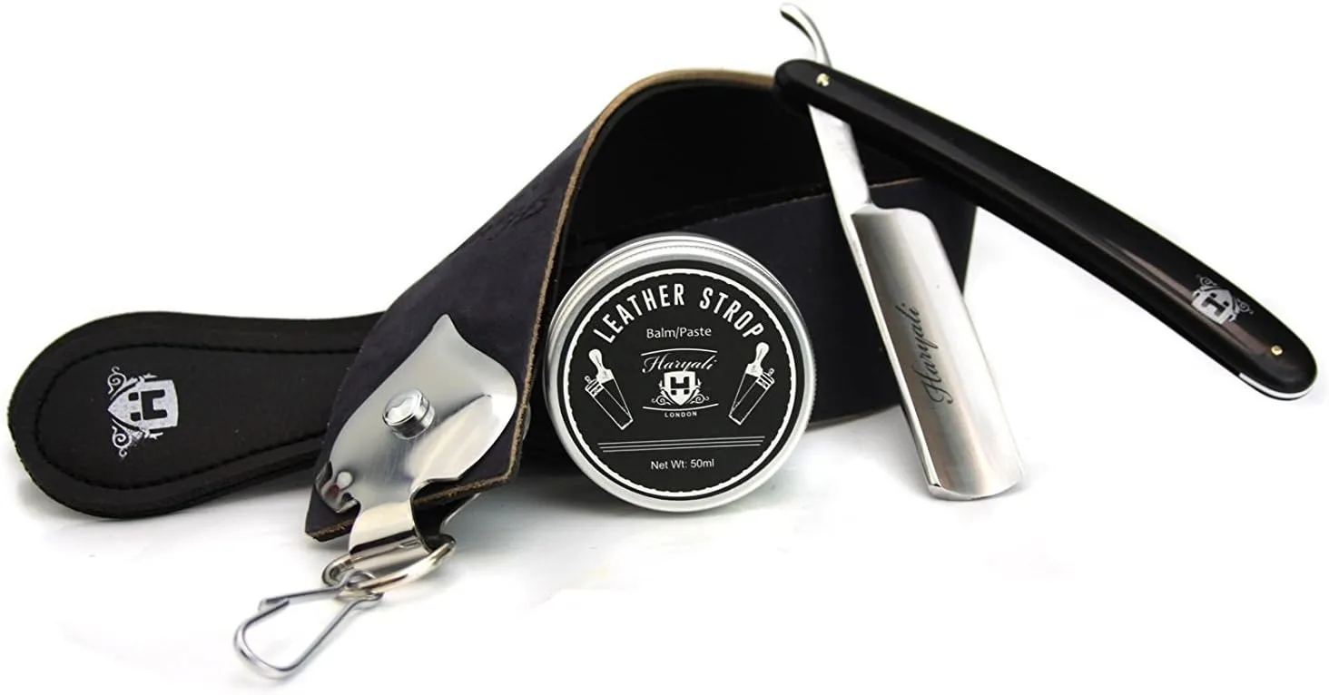 Professional Barber Shaving Set Leather Strop with Strop Paste & Straight Cut Razor