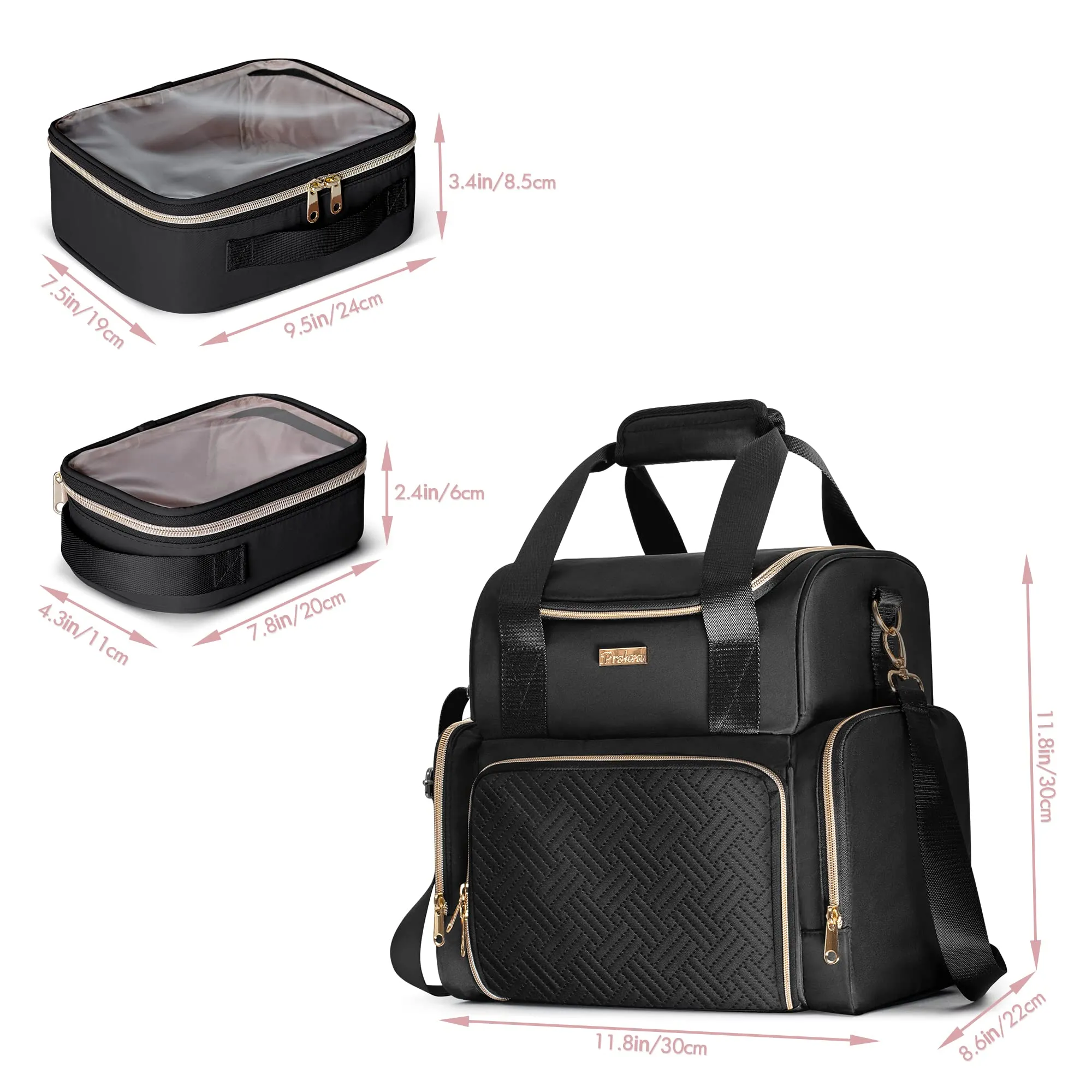 Prokva Large Cosmetic Bag with 3 Removable Case, Double Layer Travel Organizer with Inner Dividers and Makeup Brushes Storage Section, Black (Patented Design)