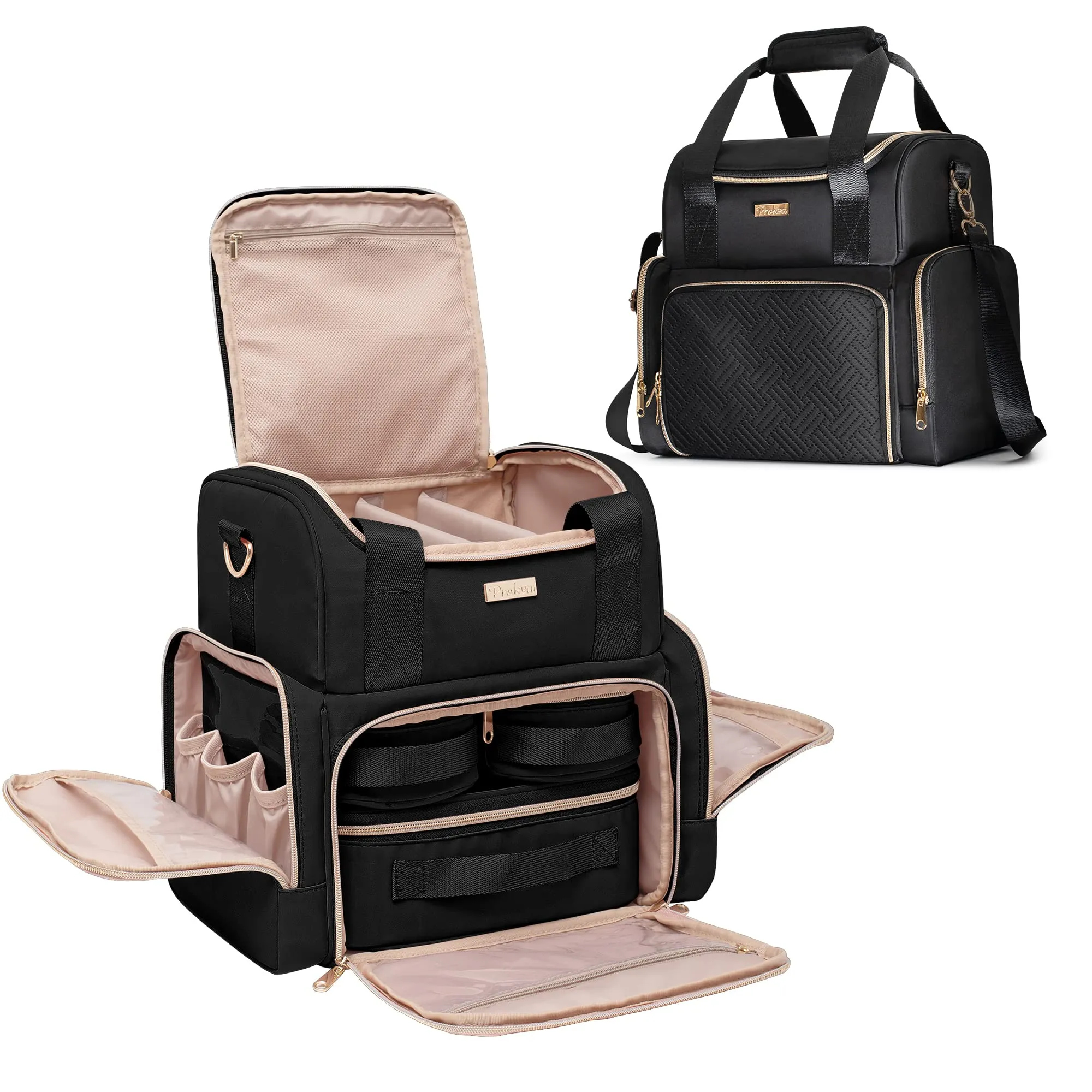Prokva Large Cosmetic Bag with 3 Removable Case, Double Layer Travel Organizer with Inner Dividers and Makeup Brushes Storage Section, Black (Patented Design)