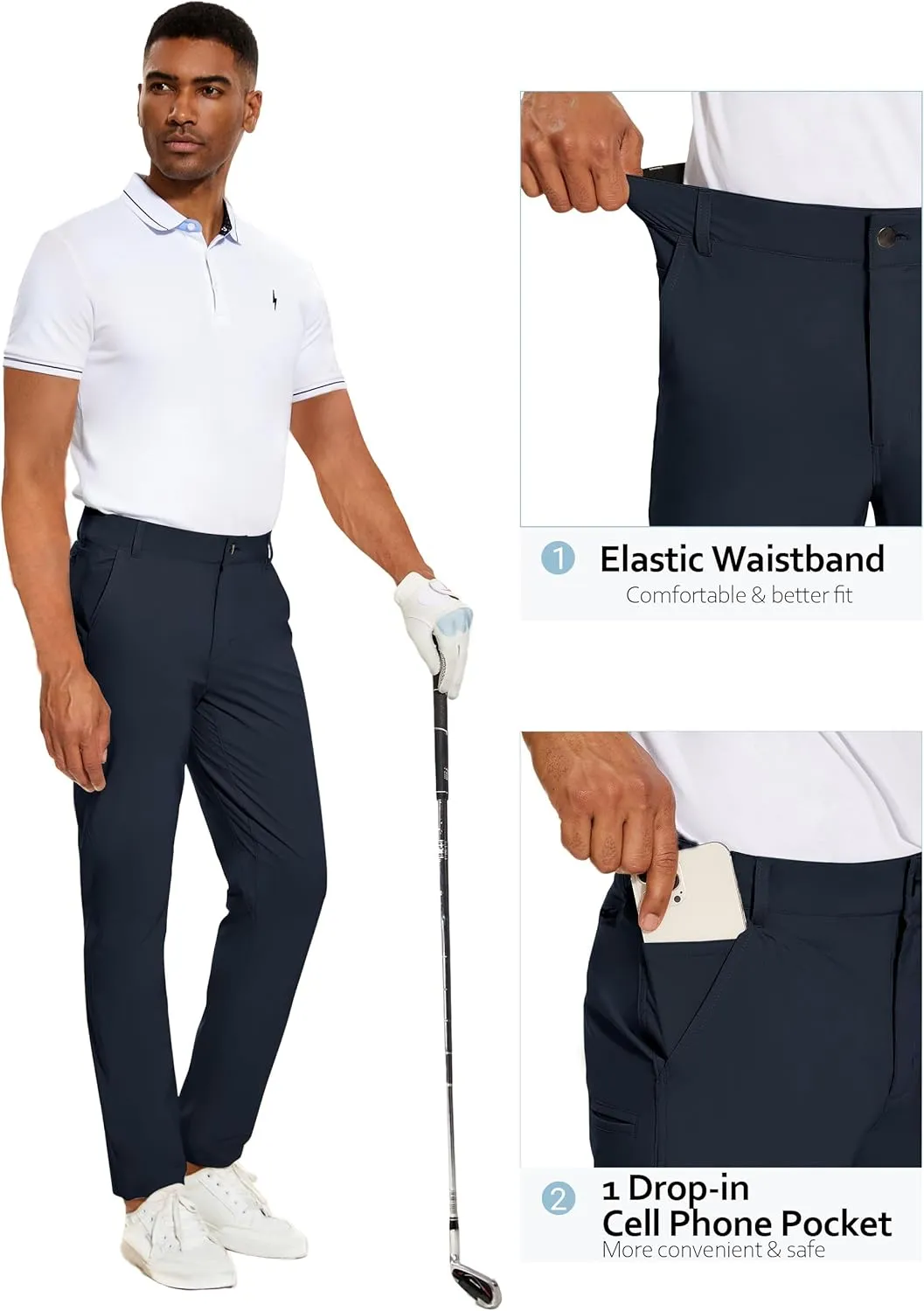 PULI Golf Pants Men Stretch Slim Fit Lightweight Waterproof Dress Casual Hiking Work Pants with Pockets