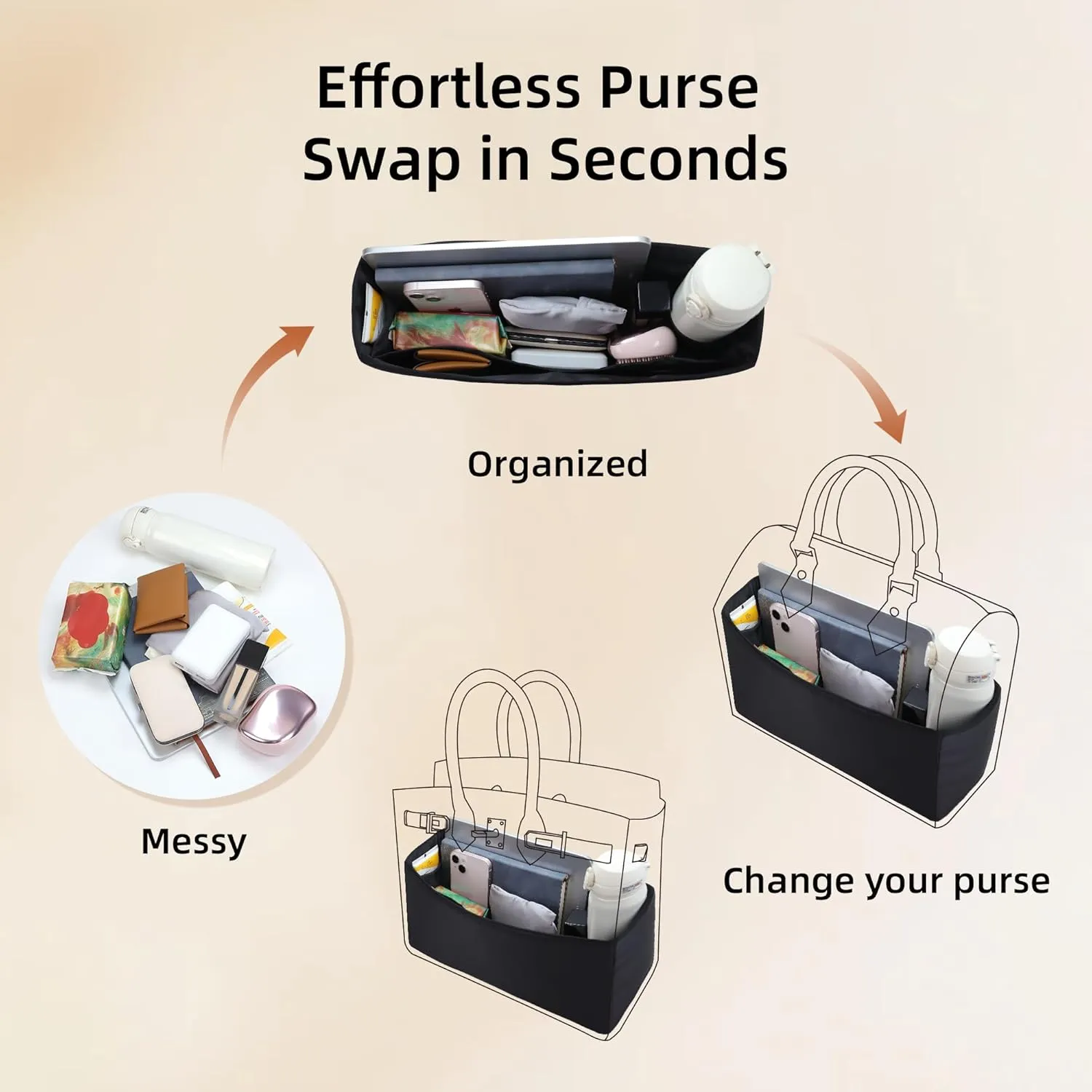 Purse Organizer Insert,Silk Bag Organizer with 6 Sizes,Silky Smooth,Handbag Shaper For Longchamp,Birkin 20/25,Speedy 30/40,Neverfull and More(Slender Large,Black)