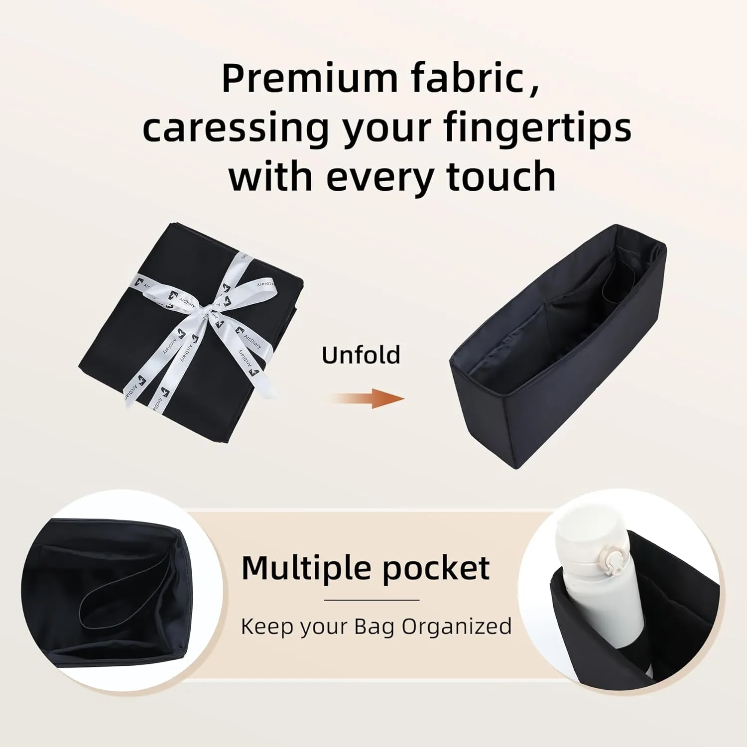 Purse Organizer Insert,Silk Bag Organizer with 6 Sizes,Silky Smooth,Handbag Shaper For Longchamp,Birkin 20/25,Speedy 30/40,Neverfull and More(Slender Large,Black)