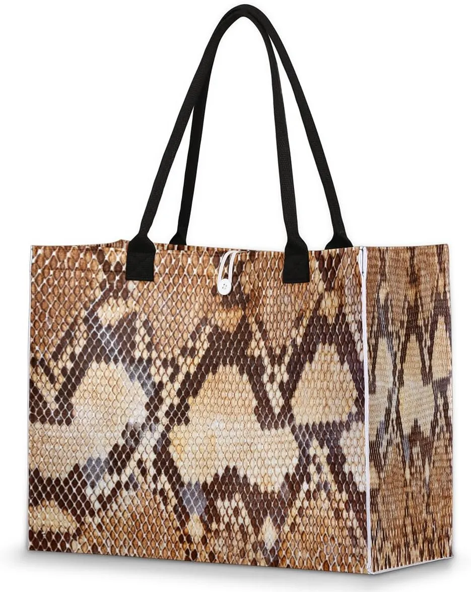 Python Snake Skin Tote Bag for Women Large Beach Bag Reusable Grocery Bags Tote Bag for Work Shopping Travel Beach