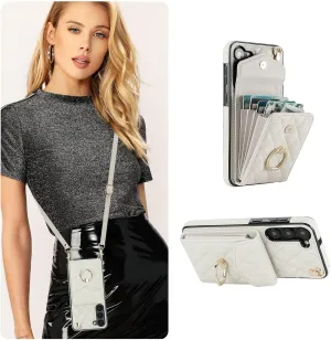QLTYPRI Crossbody Wallet Case for Samsung Galaxy S24 FE, PU Leather Phone Case with RFID Blocking Card Slots Holder Ring Kickstand Wrist Strap Lanyard Handbag Purse Cover for Samsung S24 FE - White