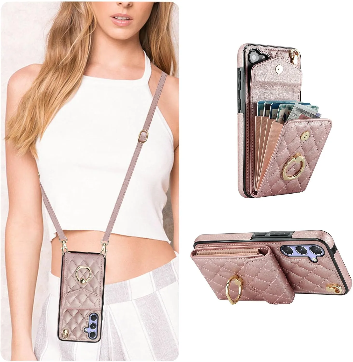 QLTYPRI Crossbody Wallet Case for Samsung Galaxy S25, PU Leather Phone Case with RFID Blocking Card Slots Holder Ring Kickstand Wrist Strap Lanyard Handbag Purse Cover for Samsung S25 -Rose Gold