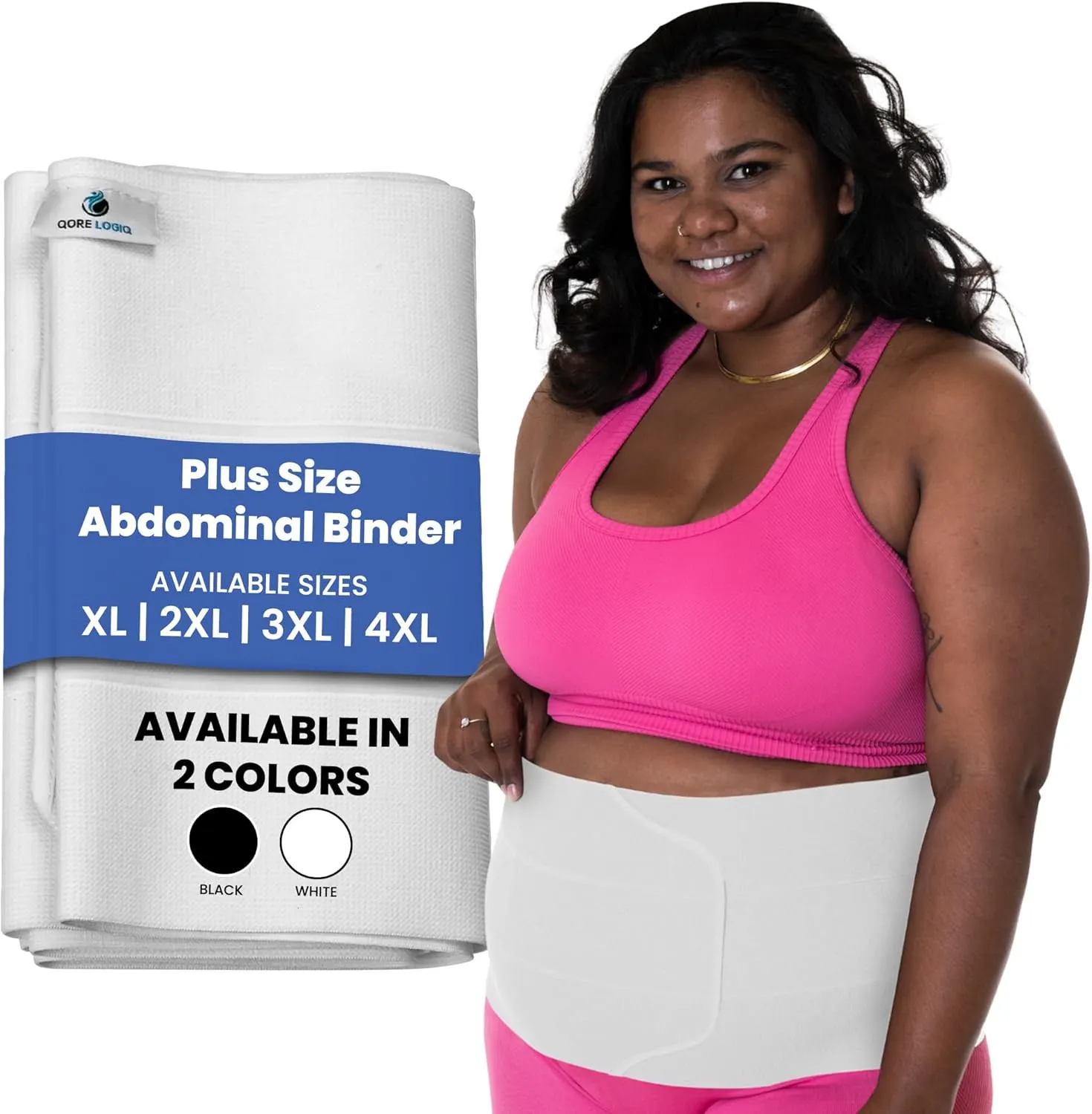 QORE LOGIQ Plus Size Abdominal Binder Post Surgery - C Section Belly Binder, Postpartum Belly Band, Adjustable 9" Compression Wrap for Stomach & Hernia Belt, White XXL