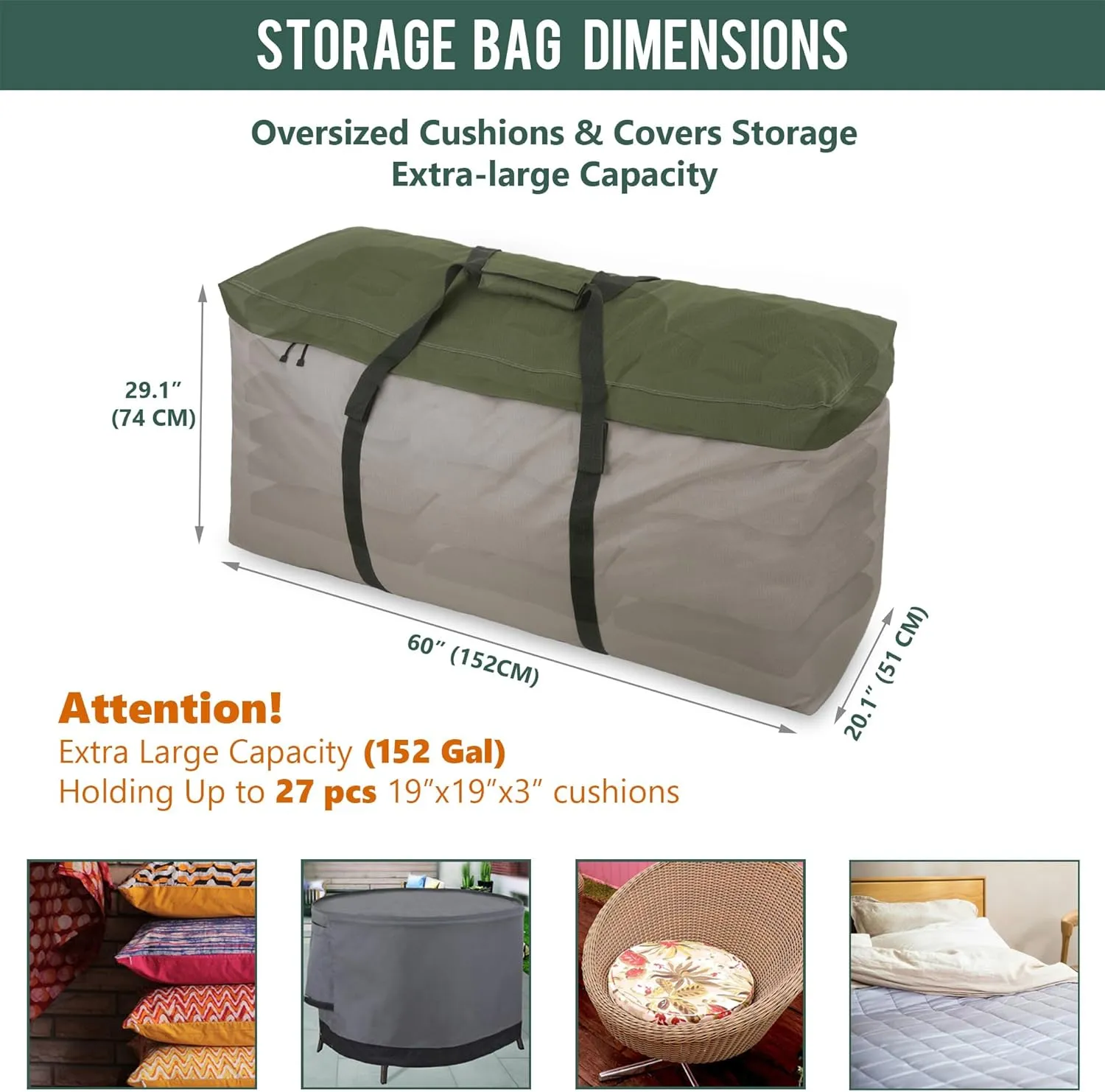 Rachmi Cushion Storage Bag (152 Gal) 60 Inch with Zipper & Padded Handle, Outdoor Oversized Heavy Duty 600D Water-resistant Moving Bag, (60"Wx20"Dx29"H, Extra Large)