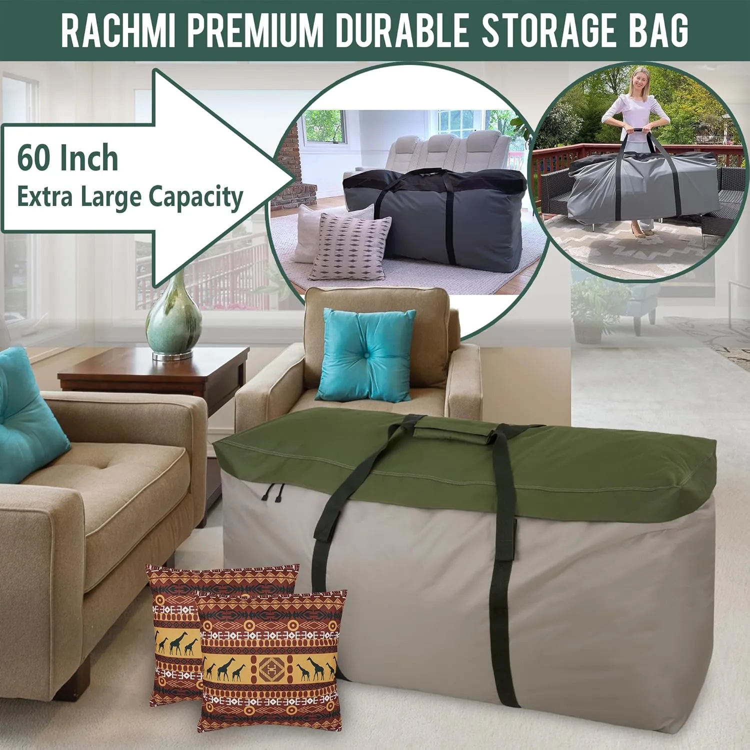 Rachmi Cushion Storage Bag (152 Gal) 60 Inch with Zipper & Padded Handle, Outdoor Oversized Heavy Duty 600D Water-resistant Moving Bag, (60"Wx20"Dx29"H, Extra Large)