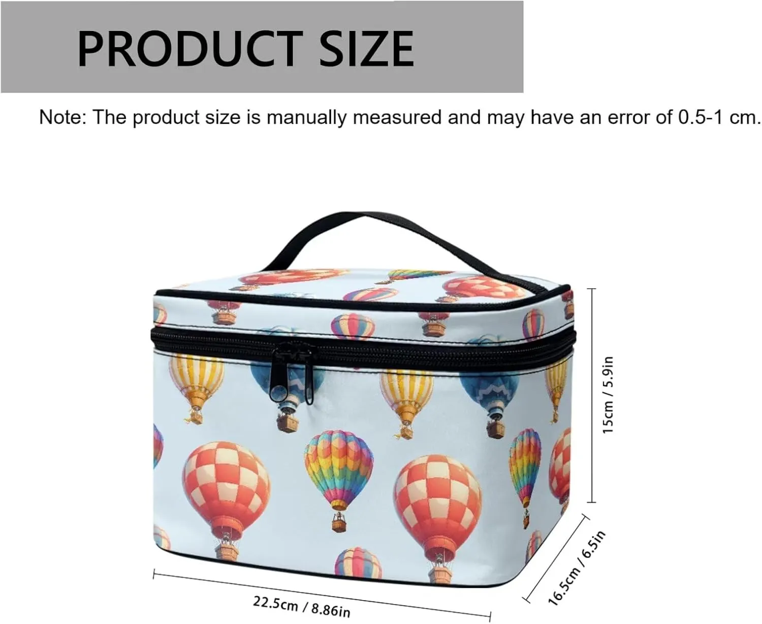Rainbow Color Air Balloon Print Travel Cosmetic Organizer for Women, Stripes Hot Air Balloon Zipper Make Up Pouch, Blue Portable Large Makeup Dopp Kit Travel Essentials