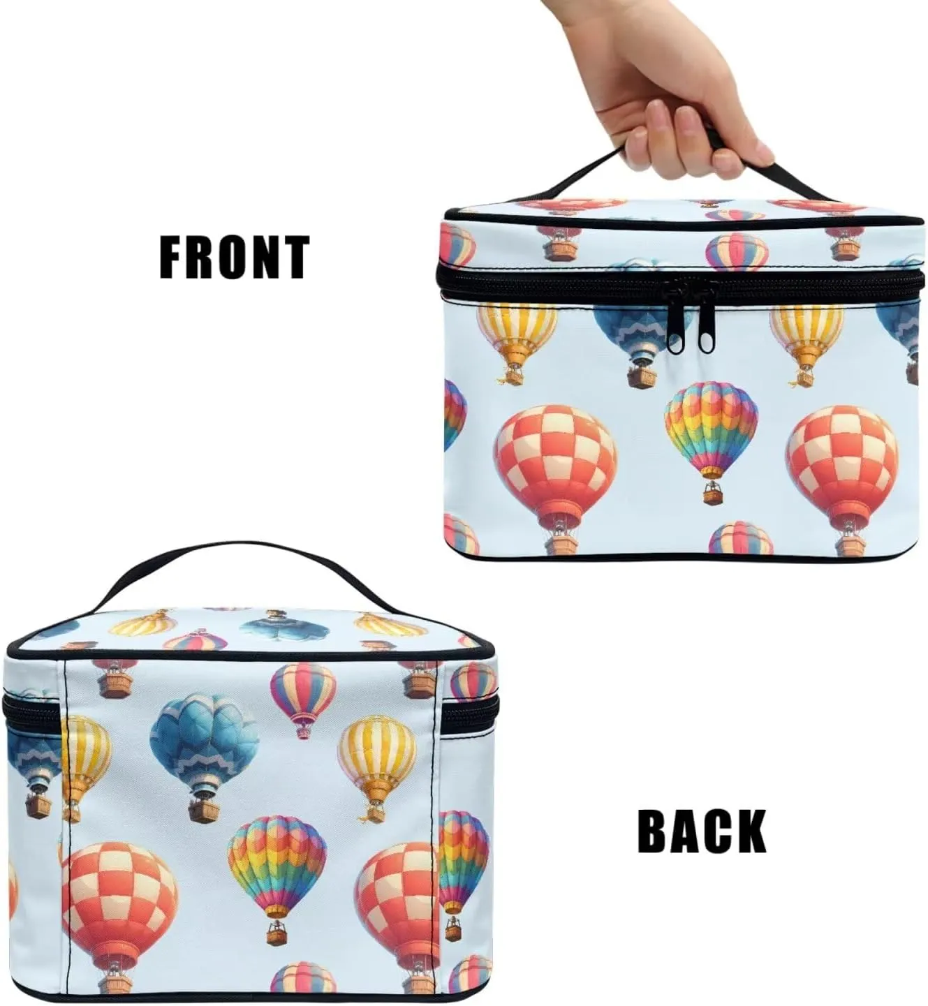 Rainbow Color Air Balloon Print Travel Cosmetic Organizer for Women, Stripes Hot Air Balloon Zipper Make Up Pouch, Blue Portable Large Makeup Dopp Kit Travel Essentials