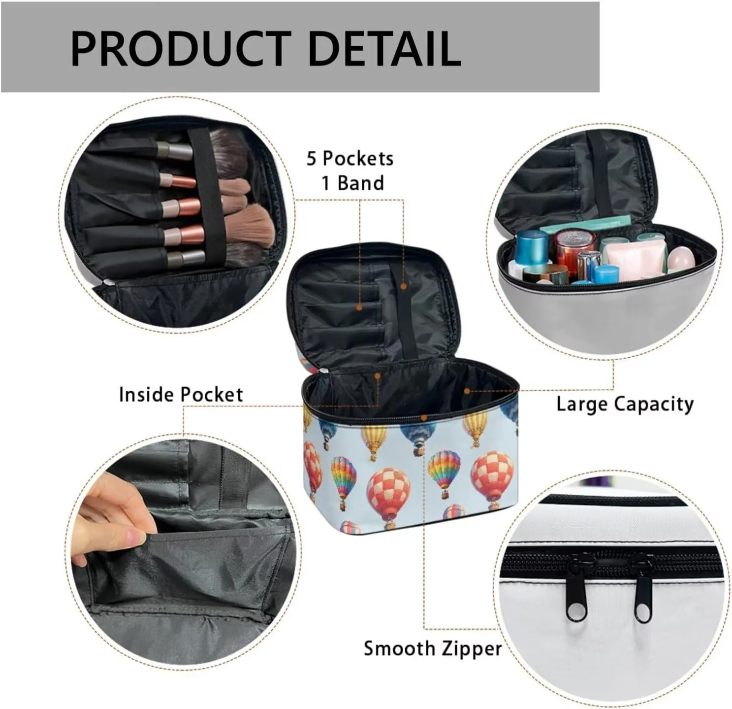 Rainbow Color Air Balloon Print Travel Cosmetic Organizer for Women, Stripes Hot Air Balloon Zipper Make Up Pouch, Blue Portable Large Makeup Dopp Kit Travel Essentials