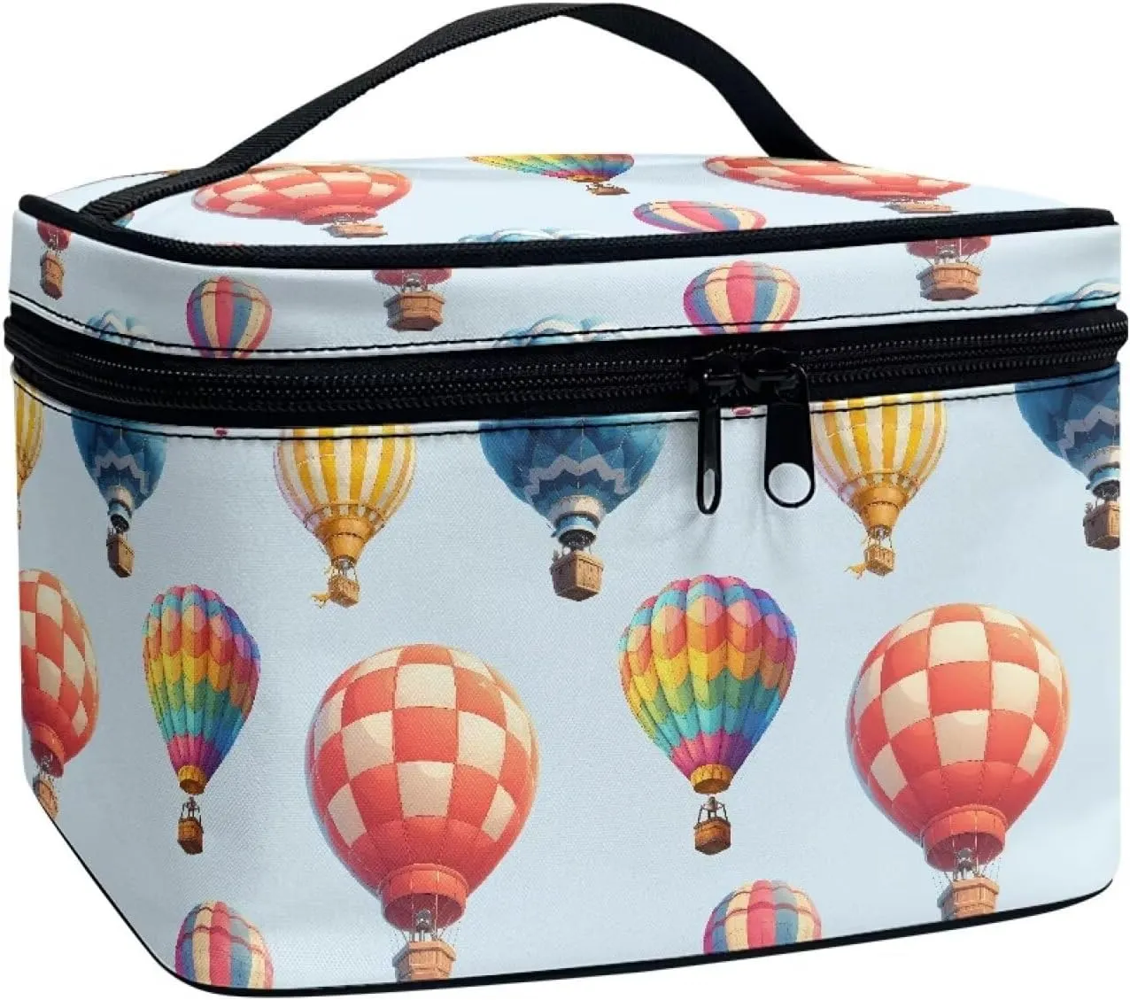 Rainbow Color Air Balloon Print Travel Cosmetic Organizer for Women, Stripes Hot Air Balloon Zipper Make Up Pouch, Blue Portable Large Makeup Dopp Kit Travel Essentials