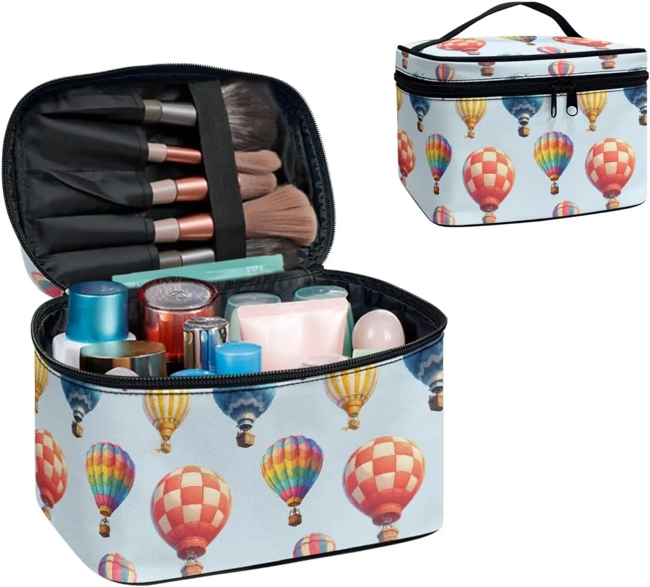 Rainbow Color Air Balloon Print Travel Cosmetic Organizer for Women, Stripes Hot Air Balloon Zipper Make Up Pouch, Blue Portable Large Makeup Dopp Kit Travel Essentials