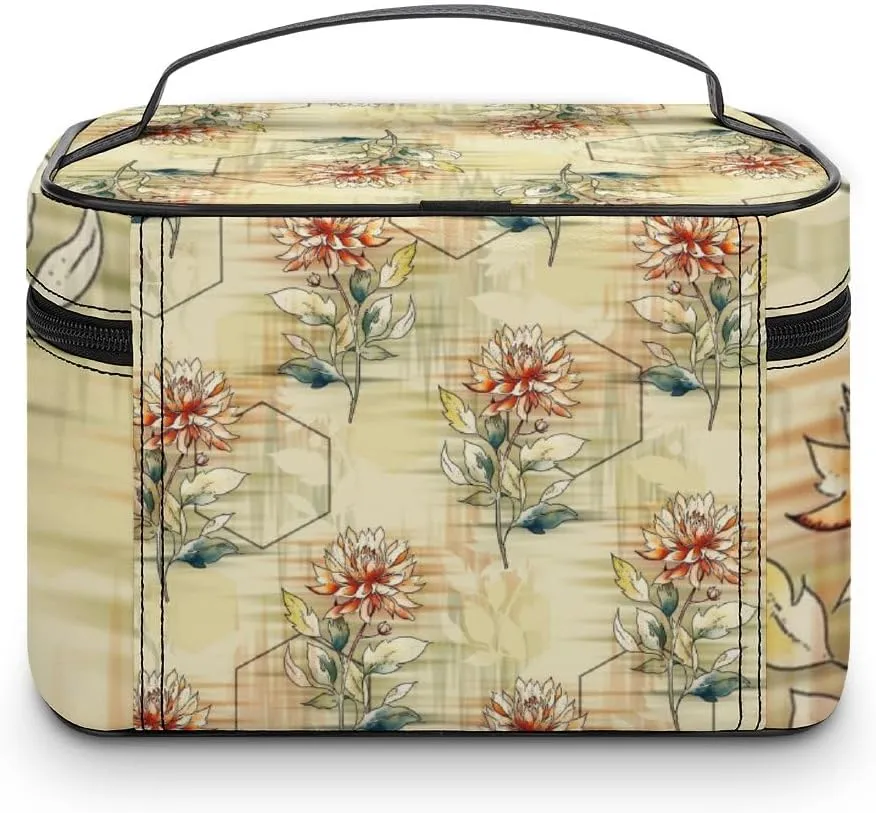 RASHU Morden Geometric Floral Makeup Cosmetic Box Zipper Storage Bag Portable Toiletry Bag with Divider Tools Accessories Case Travelling Essentials Travel Organizer for Women