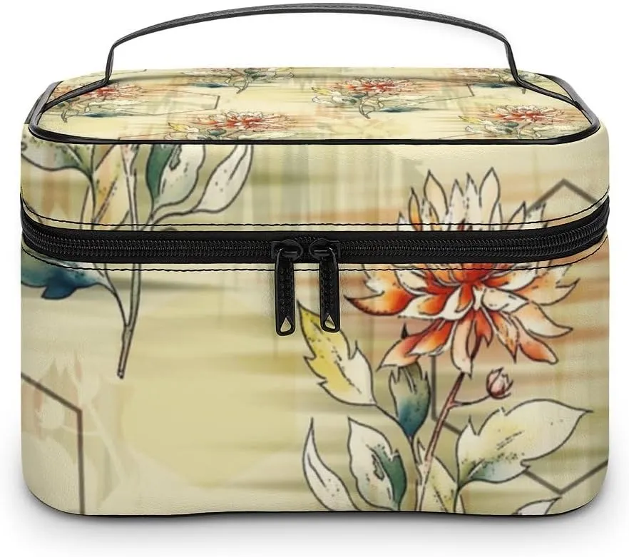 RASHU Morden Geometric Floral Makeup Cosmetic Box Zipper Storage Bag Portable Toiletry Bag with Divider Tools Accessories Case Travelling Essentials Travel Organizer for Women