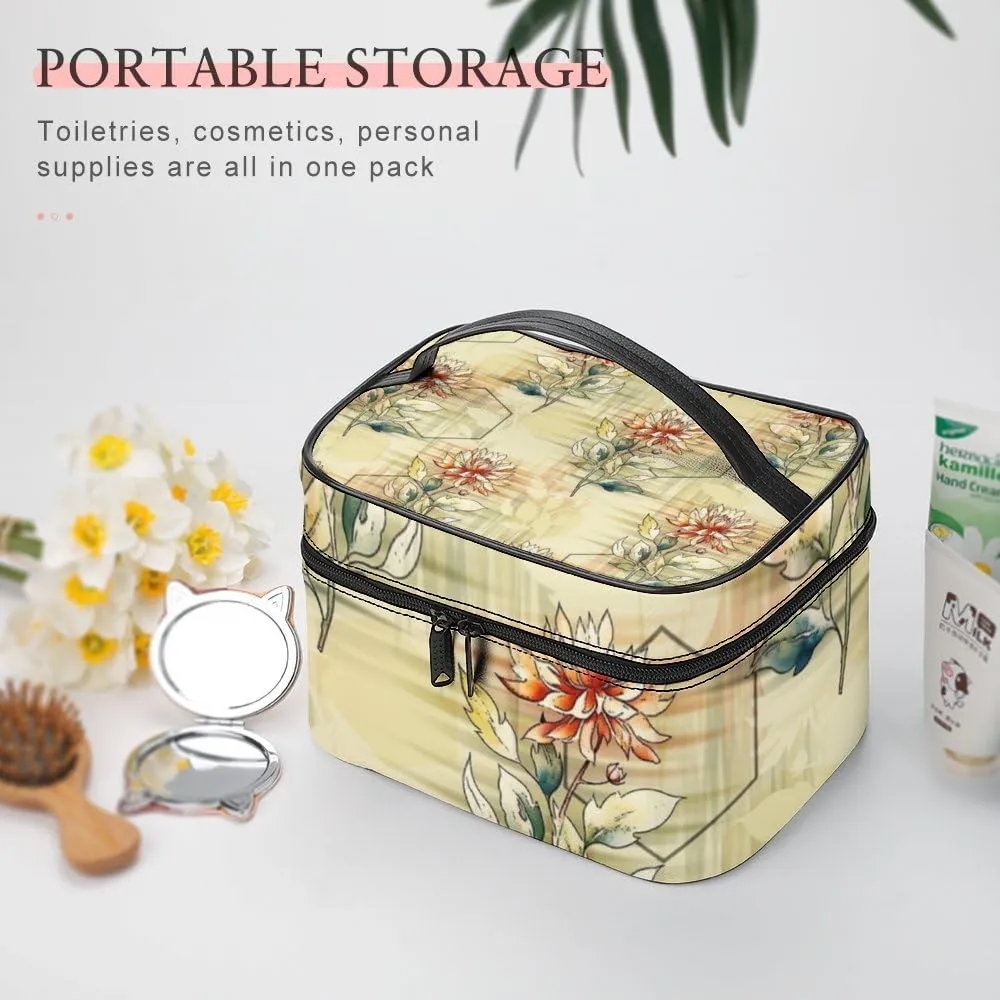 RASHU Morden Geometric Floral Makeup Cosmetic Box Zipper Storage Bag Portable Toiletry Bag with Divider Tools Accessories Case Travelling Essentials Travel Organizer for Women