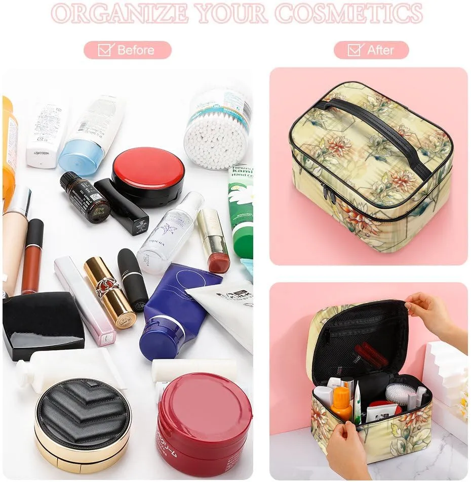 RASHU Morden Geometric Floral Makeup Cosmetic Box Zipper Storage Bag Portable Toiletry Bag with Divider Tools Accessories Case Travelling Essentials Travel Organizer for Women