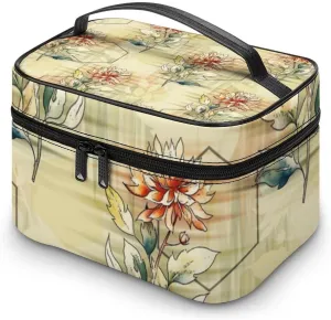 RASHU Morden Geometric Floral Makeup Cosmetic Box Zipper Storage Bag Portable Toiletry Bag with Divider Tools Accessories Case Travelling Essentials Travel Organizer for Women