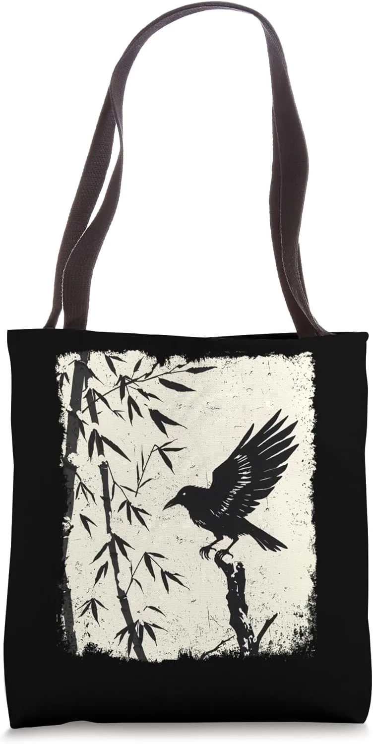 Raven Perched on Bamboo Branch Serenity Nature Harmony Tote Bag