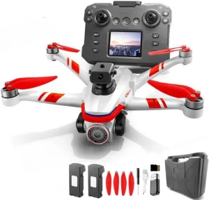 RC Drone With Screen Display, Dual Camera, Stunt Rolling, Optical Flow Hover, LED Lights, Speed Adjustment, Impact-Resistant ABS Shell, Quadcopter, 2 Batteries, Memory Card, Card Reader, , Handbag (White Red)