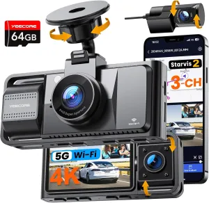 Real 4K 3 Channel Dash Cam, STARVIS 2 Sensor, HDR Night Vision, 5G Wi-Fi - up to 86Mbps, 4K 1080P 1080P Front Inside and Rear Triple Car Camera, Free 64GB Card, GPS, ParkingMode, Loop Recording