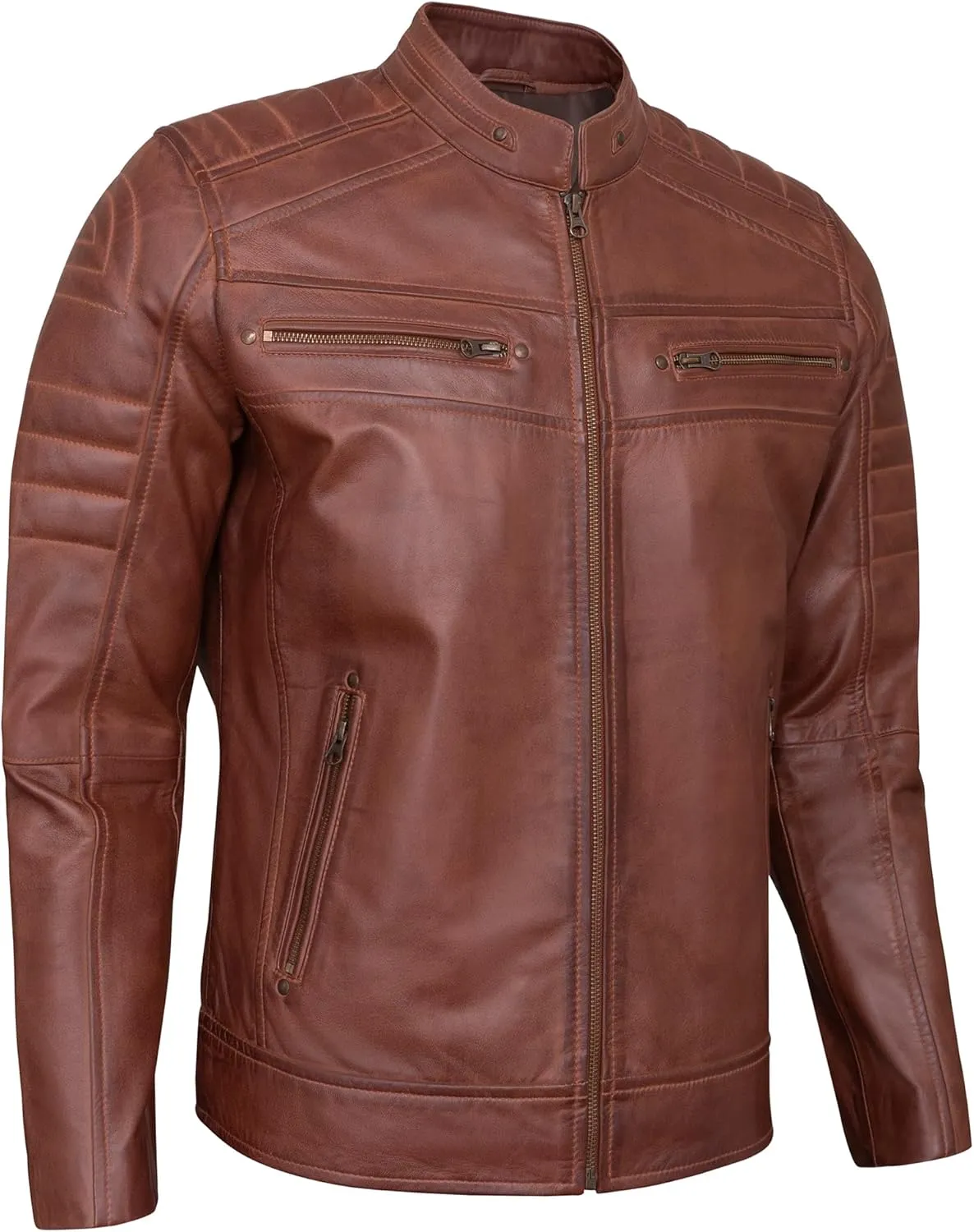 Real Lambskin Mens Leather Jackets - Quilted Biker Style Stand Collar Zip-Up Fashion Motorcycle Jacket Men