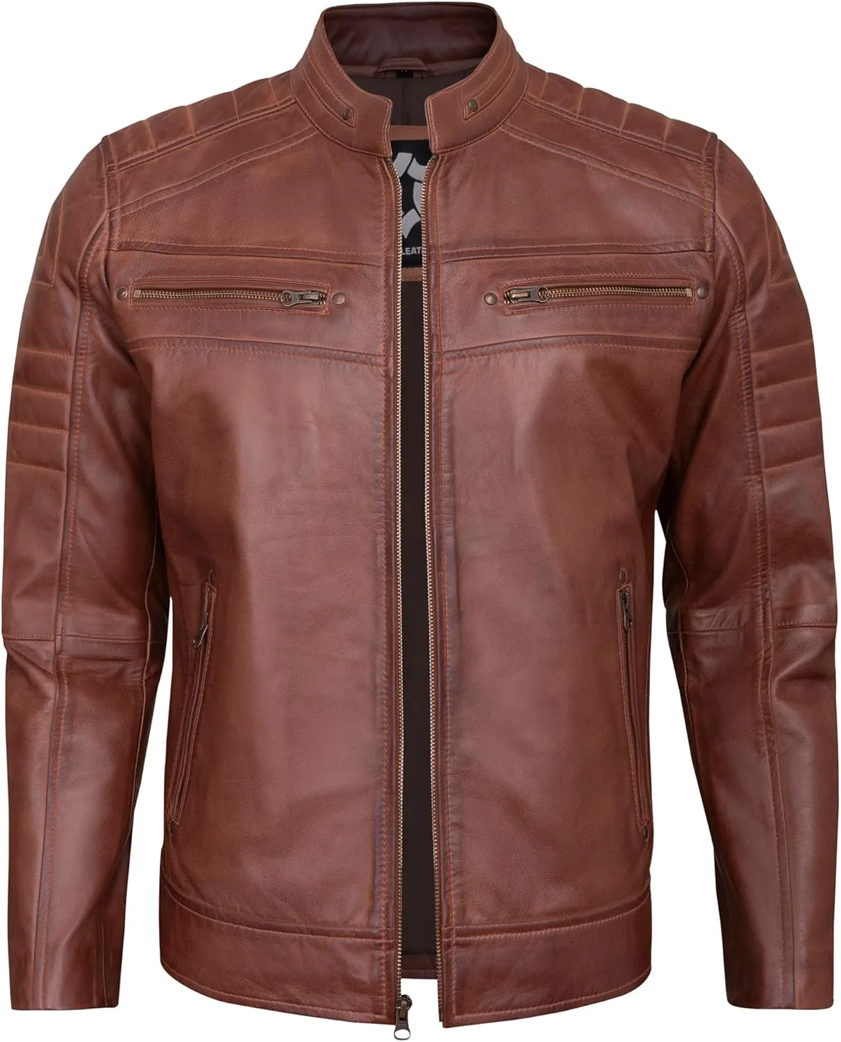 Real Lambskin Mens Leather Jackets - Quilted Biker Style Stand Collar Zip-Up Fashion Motorcycle Jacket Men