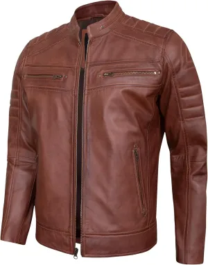 Real Lambskin Mens Leather Jackets - Quilted Biker Style Stand Collar Zip-Up Fashion Motorcycle Jacket Men