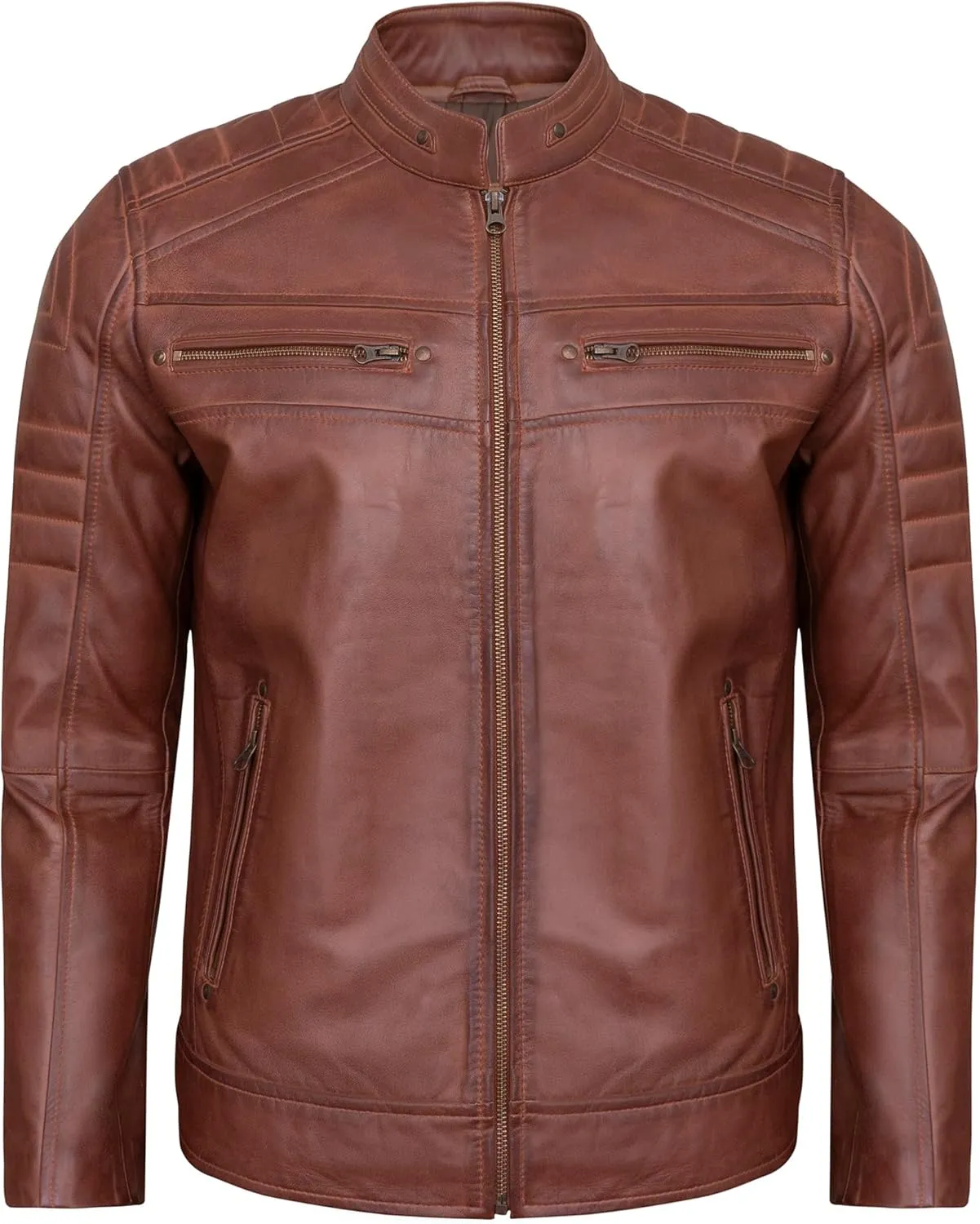 Real Lambskin Mens Leather Jackets - Quilted Biker Style Stand Collar Zip-Up Fashion Motorcycle Jacket Men